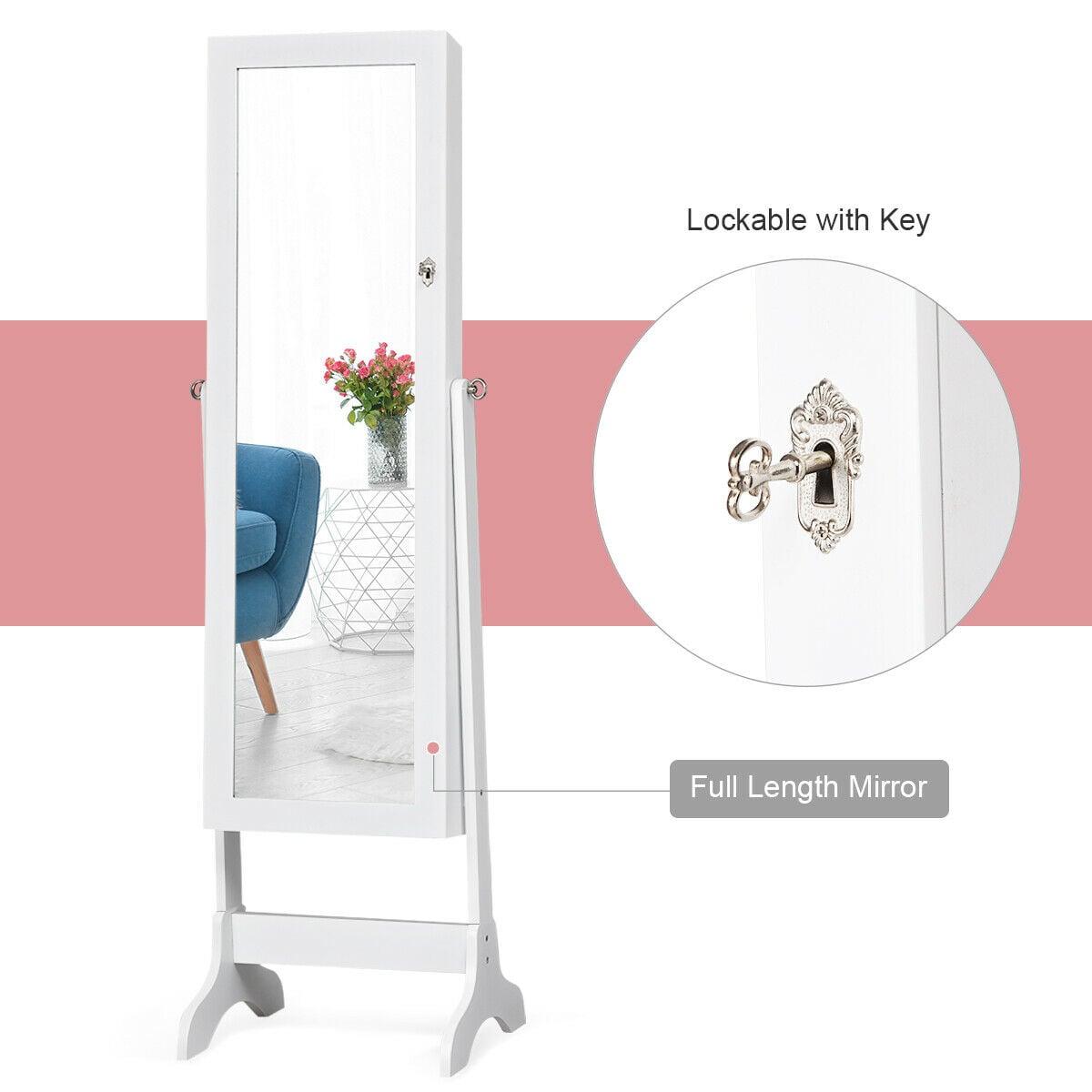 Lockable Mirrored Jewelry Cabinet Armoire Storage Organizer Box-White-Jewelry Armoires-DECOROLALA