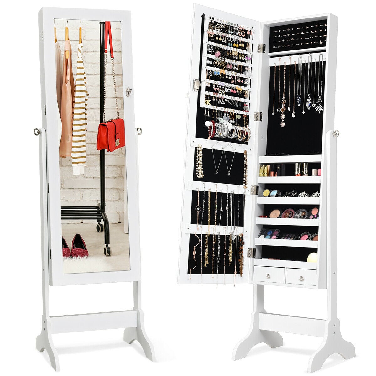 Lockable Mirrored Jewelry Cabinet Armoire Storage Organizer Box-White-Jewelry Armoires-DECOROLALA