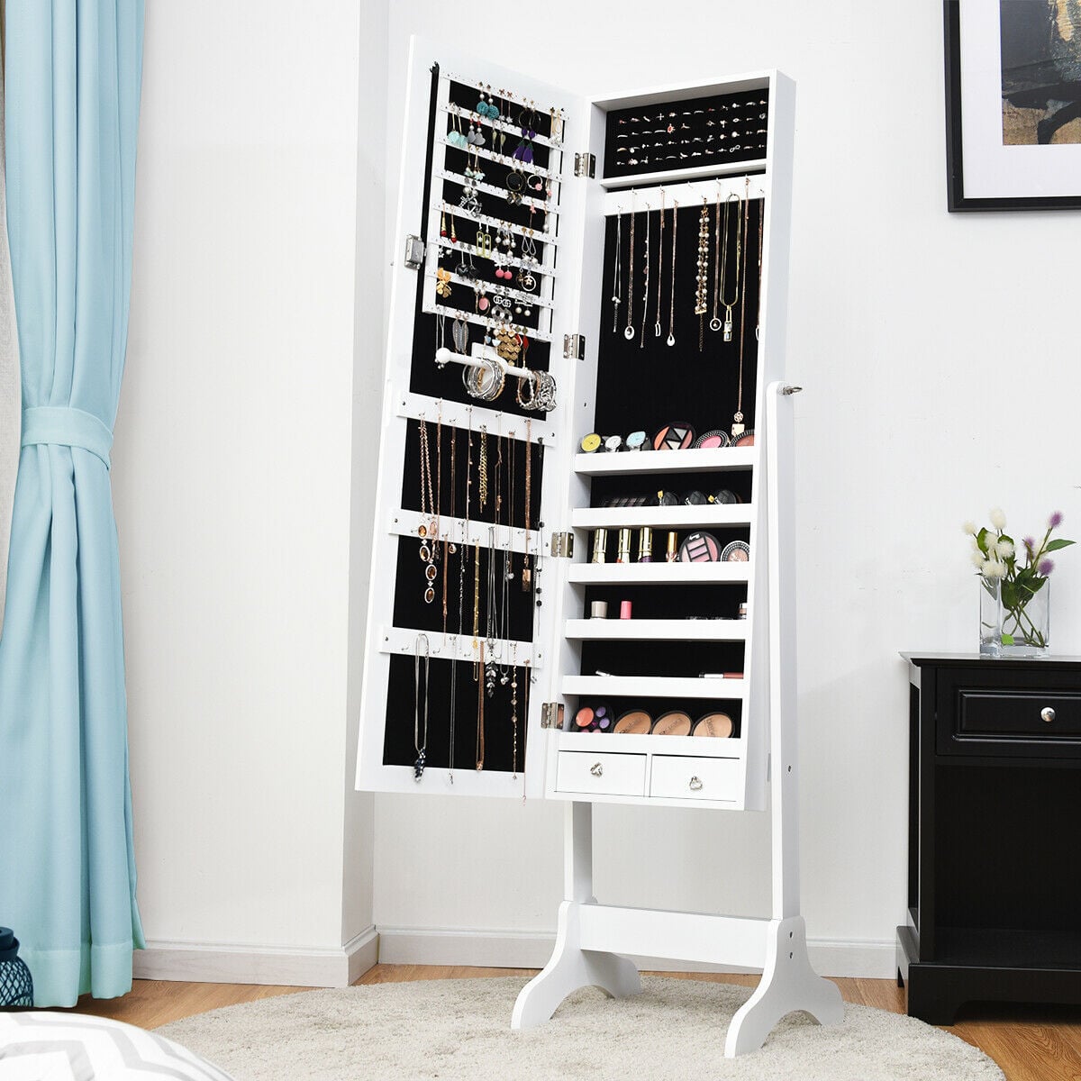 Lockable Mirrored Jewelry Cabinet Armoire Storage Organizer Box-White-Jewelry Armoires-DECOROLALA