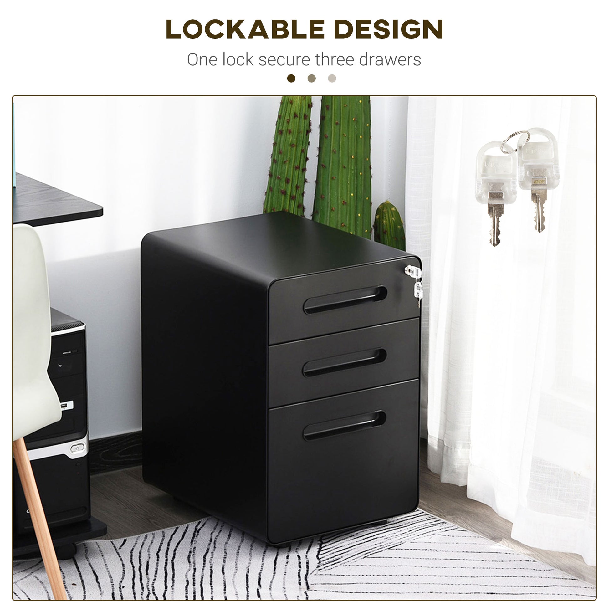 Lockable Steel 3-Drawer Mobile File Cabinet - Black-DECOROLALA