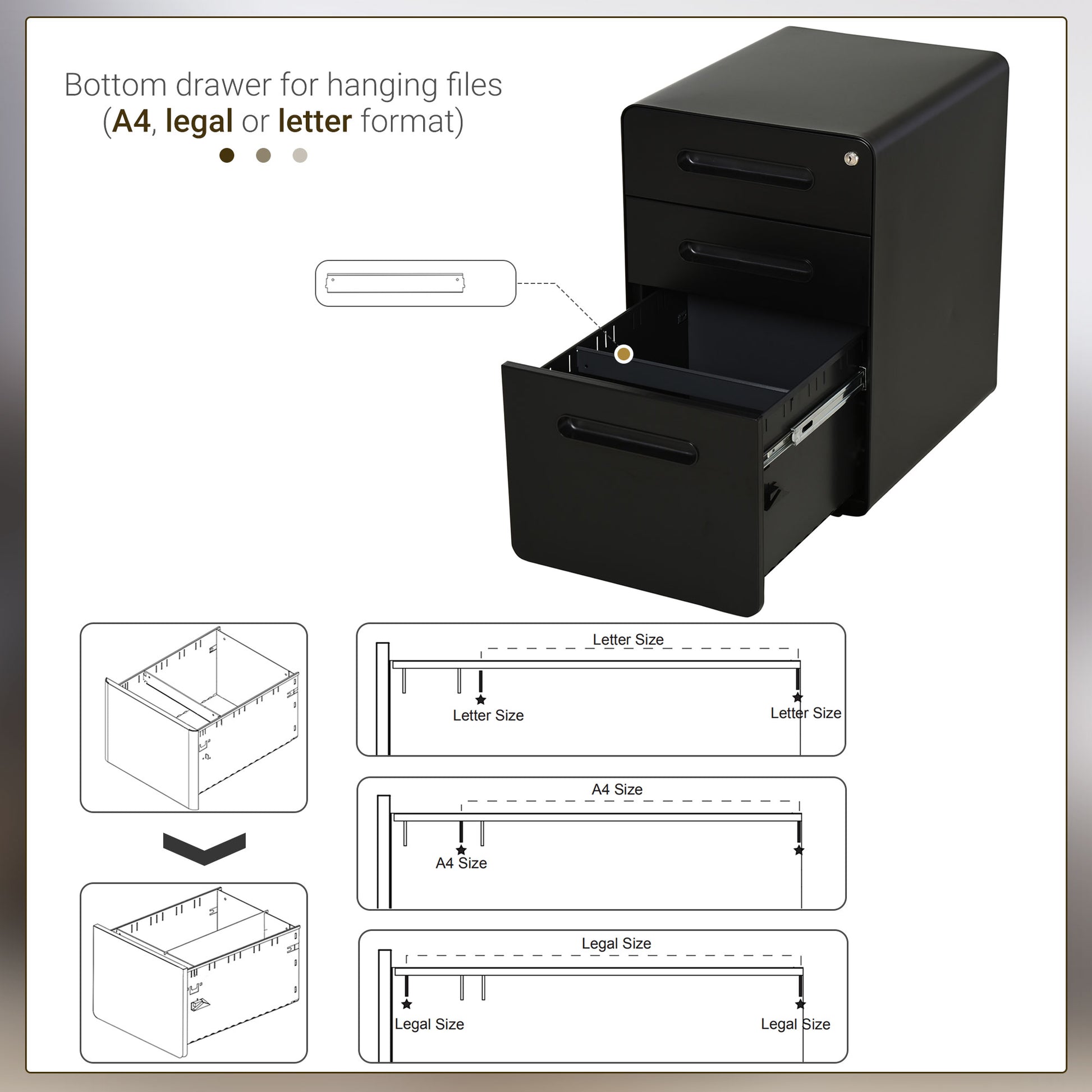 Lockable Steel 3-Drawer Mobile File Cabinet - Black-DECOROLALA