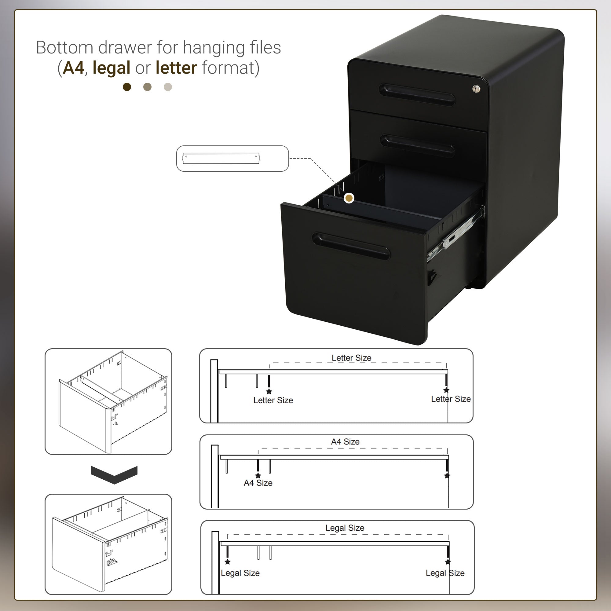 Lockable Steel 3-Drawer Mobile File Cabinet - Black-DECOROLALA