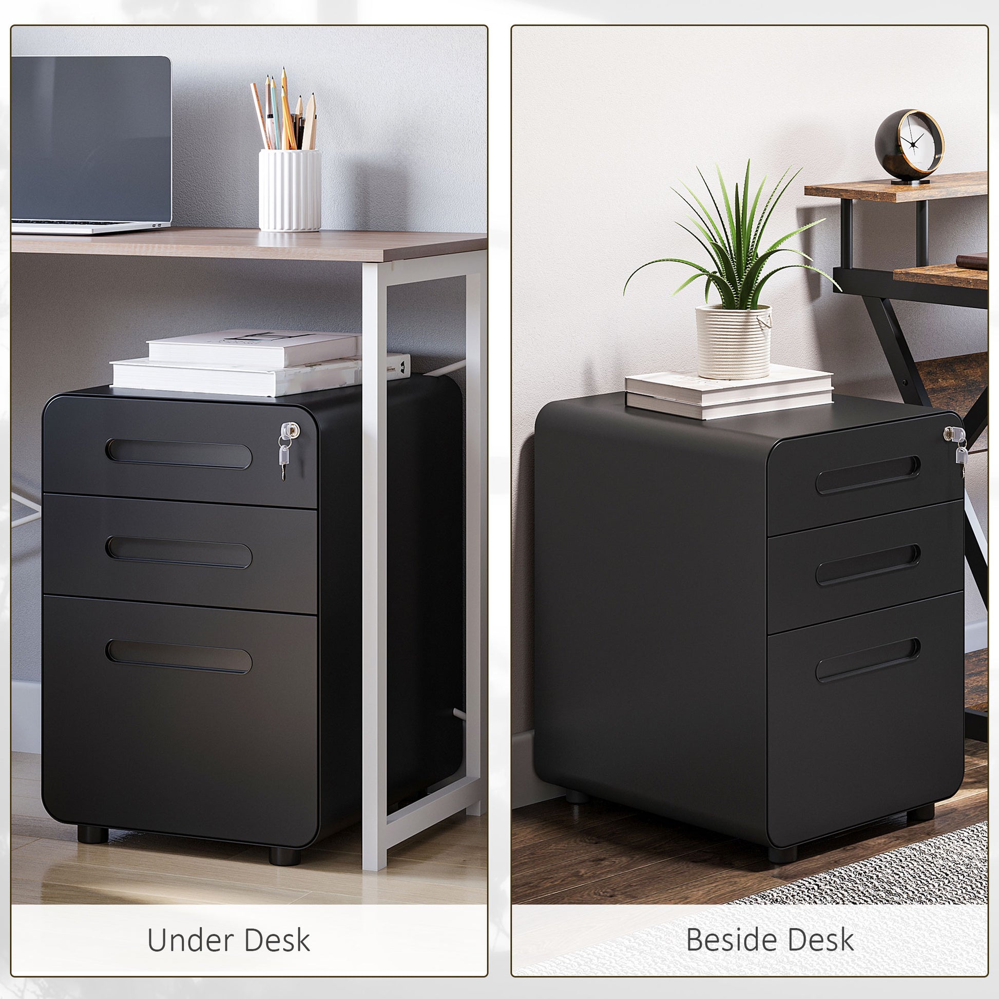 Lockable Steel 3-Drawer Mobile File Cabinet - Black-DECOROLALA