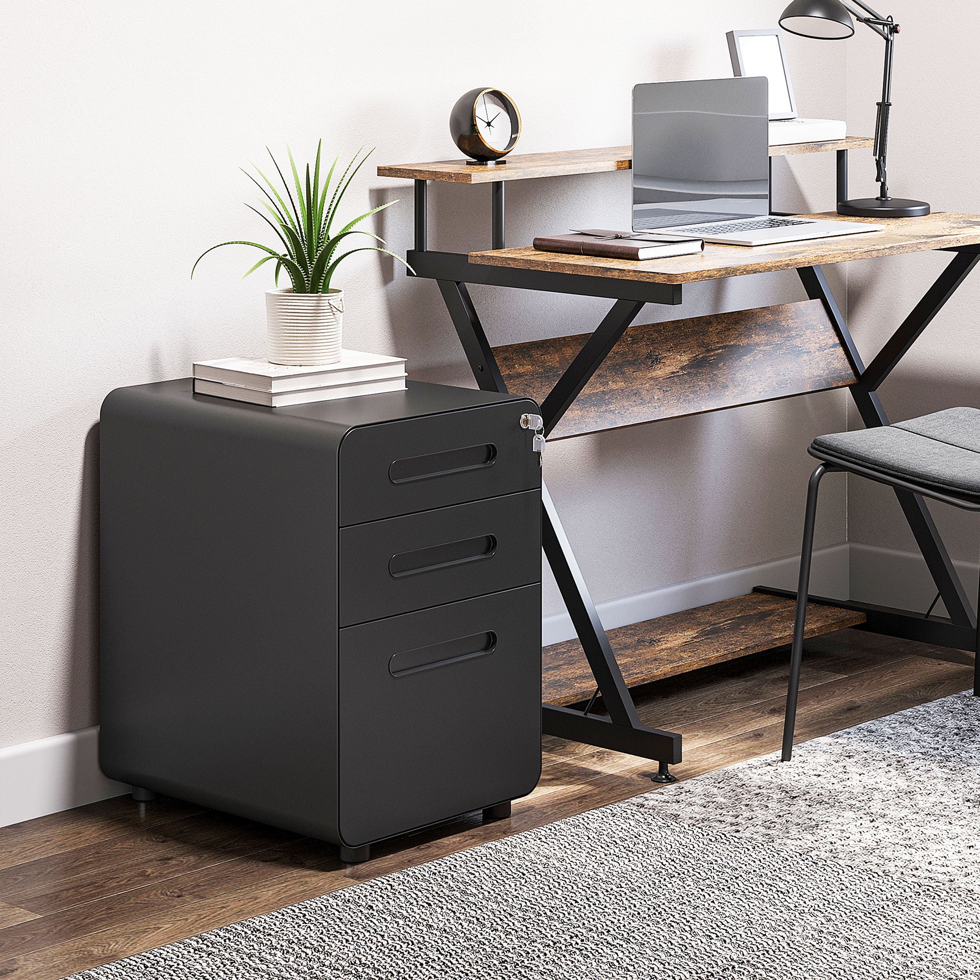 Lockable Steel 3-Drawer Mobile File Cabinet - Black-DECOROLALA