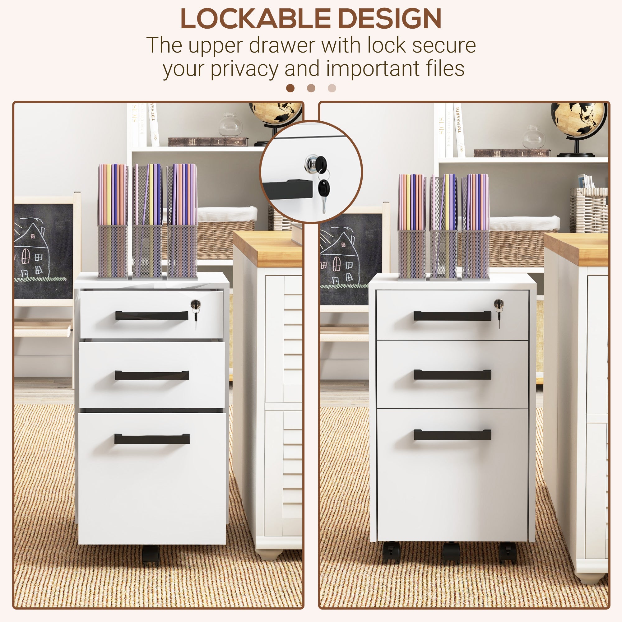 Lockable Vertical File Cabinet with Lock, 3 Drawer Filing Cabinet with Hanging Bars for Letter and A4 Size, White-Office Products > Office Furniture > Office Cabinets & Cupboards-DECOROLALA