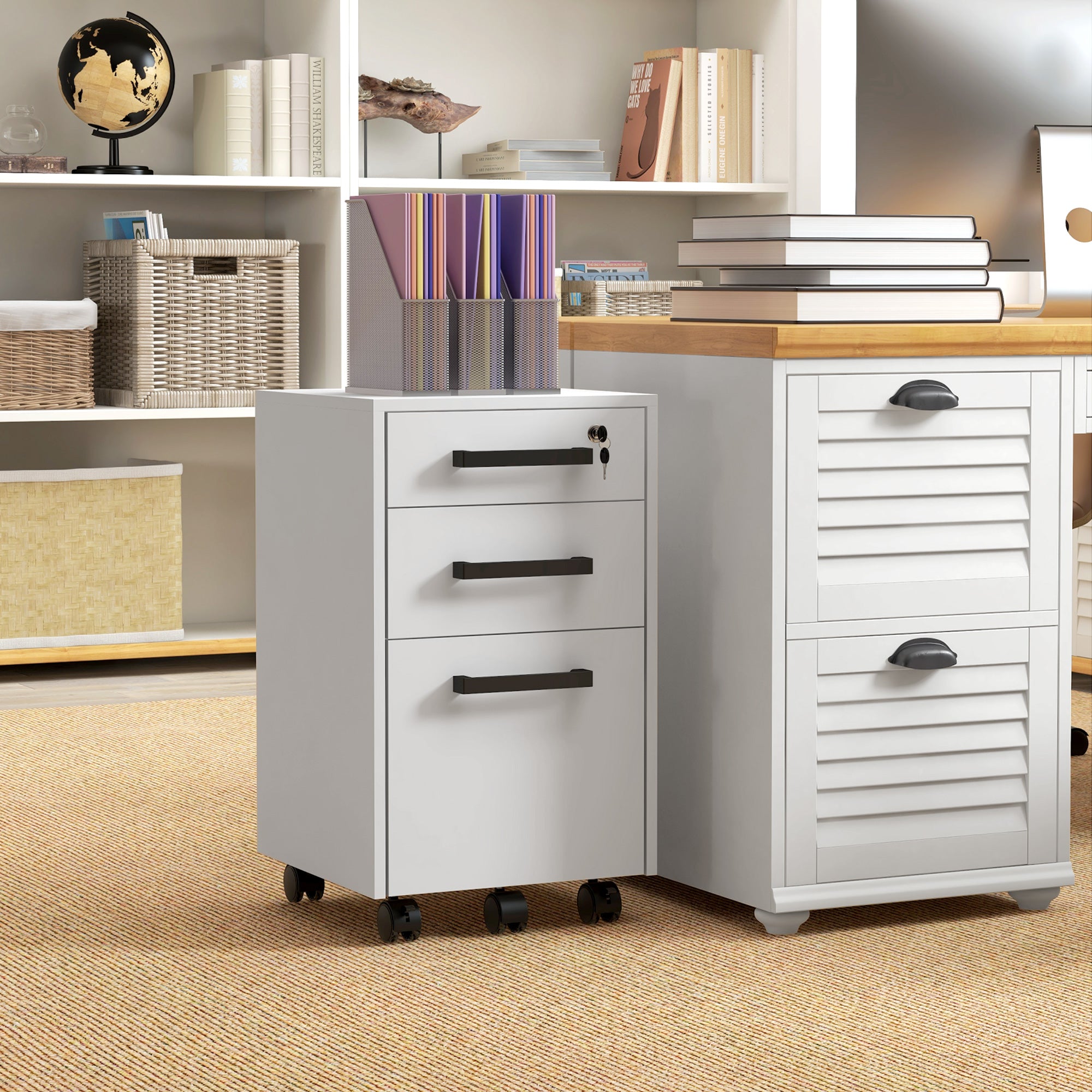 Lockable Vertical File Cabinet with Lock, 3 Drawer Filing Cabinet with Hanging Bars for Letter and A4 Size, White-Office Products > Office Furniture > Office Cabinets & Cupboards-DECOROLALA