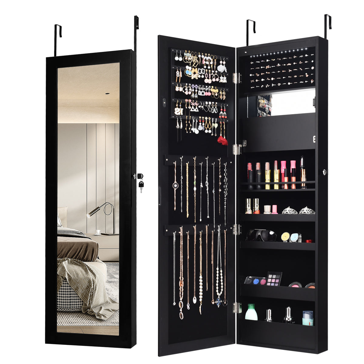 Lockable Wall Door Mounted Mirror Jewelry Cabinet w/LED Lights-Black-Jewelry Armoires-DECOROLALA