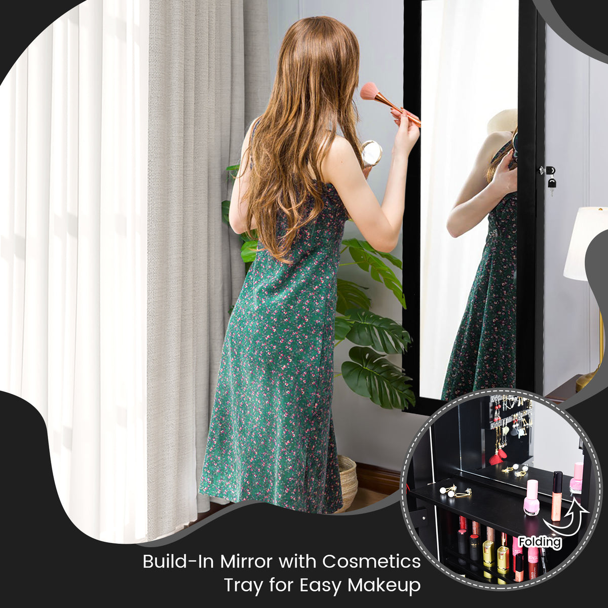 Lockable Wall Door Mounted Mirror Jewelry Cabinet w/LED Lights-Black-Jewelry Armoires-DECOROLALA