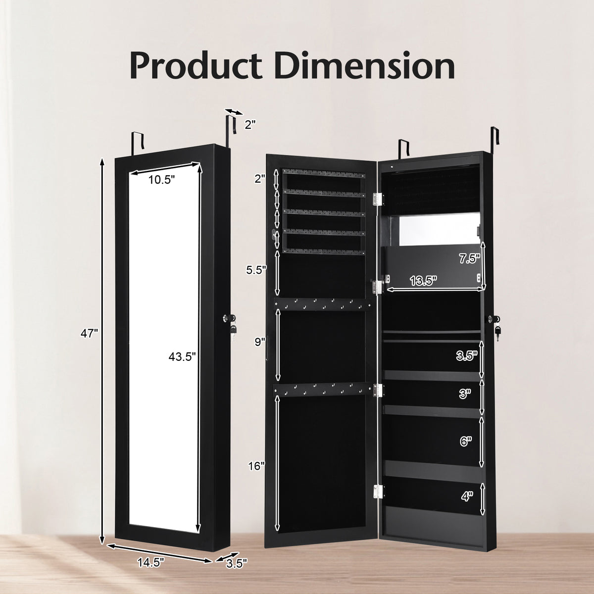 Lockable Wall Door Mounted Mirror Jewelry Cabinet w/LED Lights-Black-Jewelry Armoires-DECOROLALA