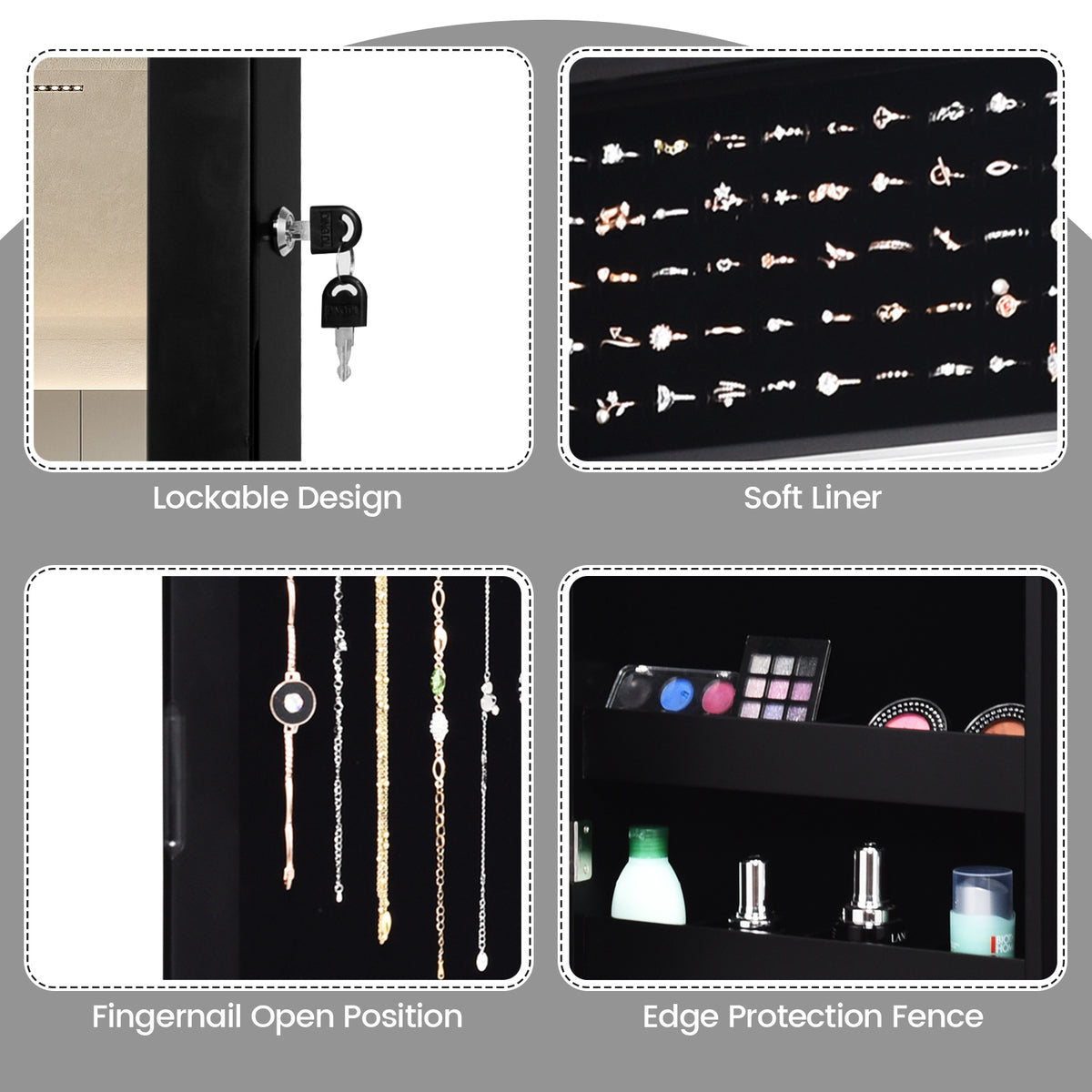 Lockable Wall Door Mounted Mirror Jewelry Cabinet w/LED Lights-Black-Jewelry Armoires-DECOROLALA