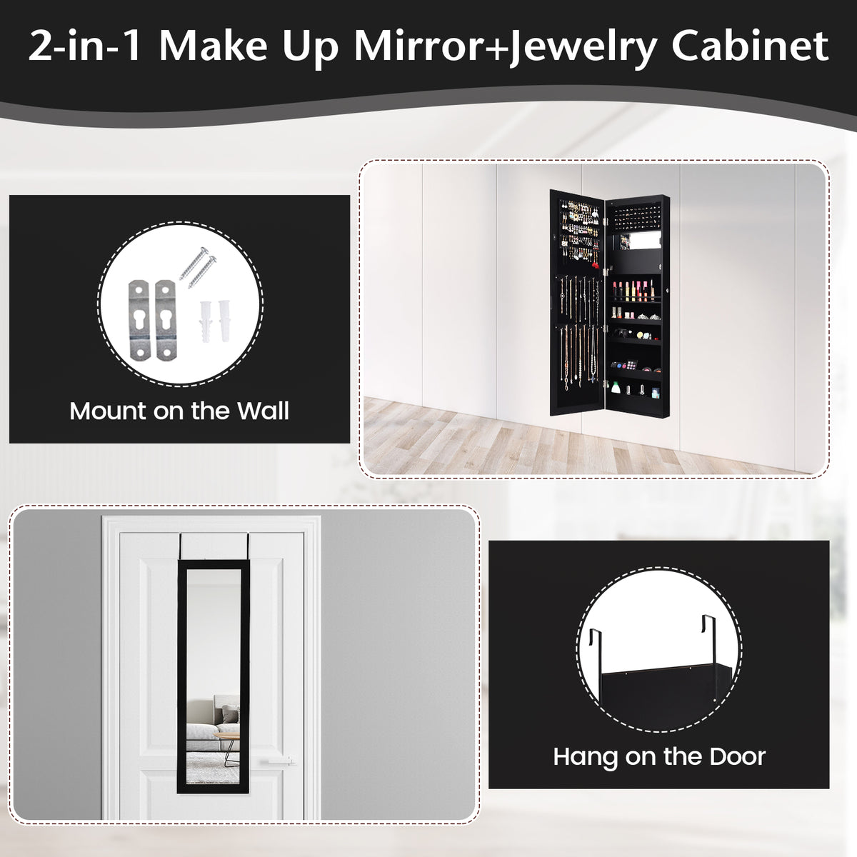 Lockable Wall Door Mounted Mirror Jewelry Cabinet w/LED Lights-Black-Jewelry Armoires-DECOROLALA