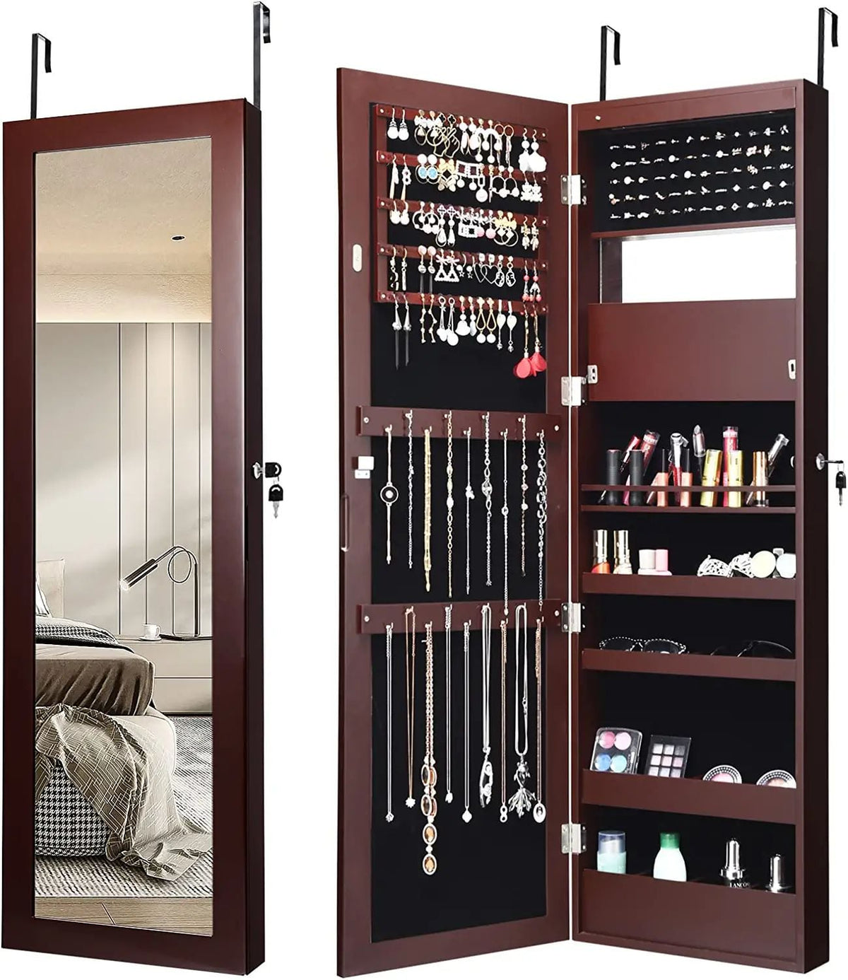 Lockable Wall Door Mounted Mirror Jewelry Cabinet w/LED Lights-Brown-Jewelry Armoires-DECOROLALA