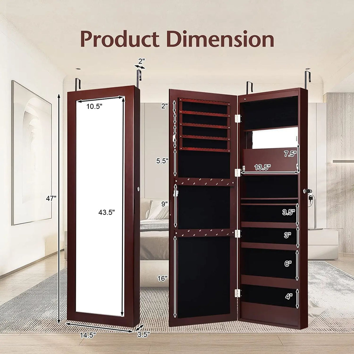 Lockable Wall Door Mounted Mirror Jewelry Cabinet w/LED Lights-Brown-Jewelry Armoires-DECOROLALA