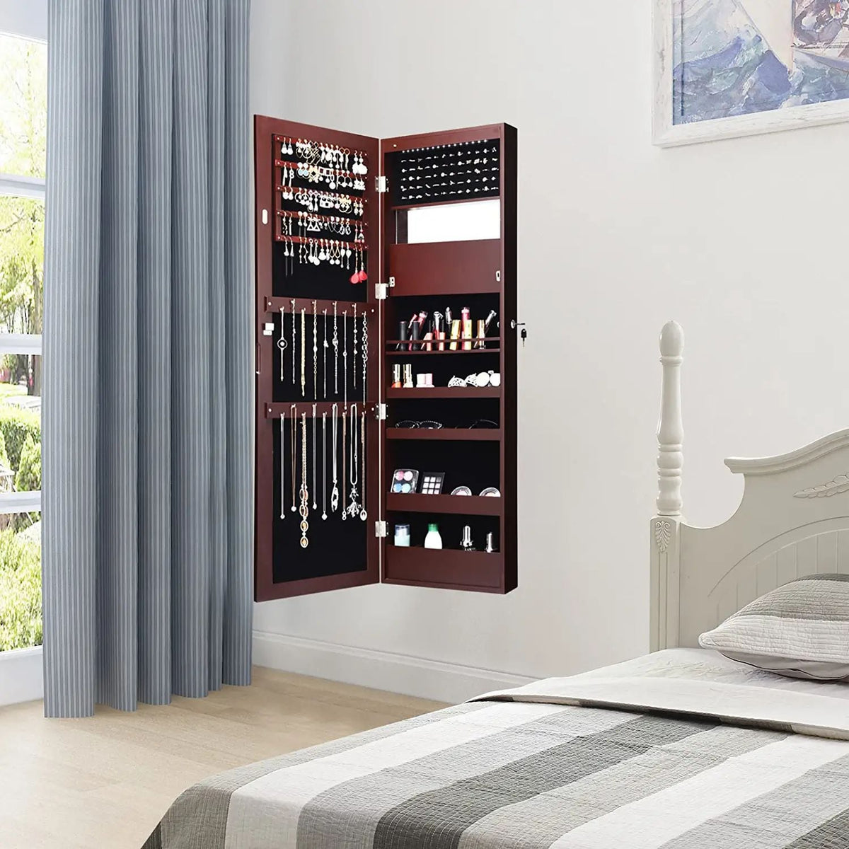 Lockable Wall Door Mounted Mirror Jewelry Cabinet w/LED Lights-Brown-Jewelry Armoires-DECOROLALA