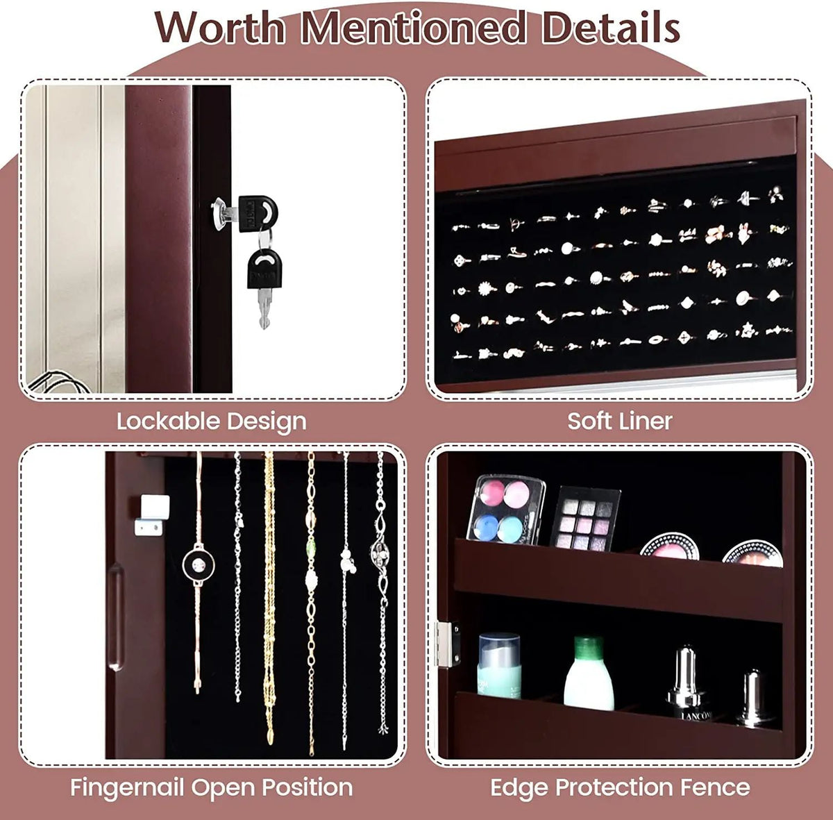 Lockable Wall Door Mounted Mirror Jewelry Cabinet w/LED Lights-Brown-Jewelry Armoires-DECOROLALA