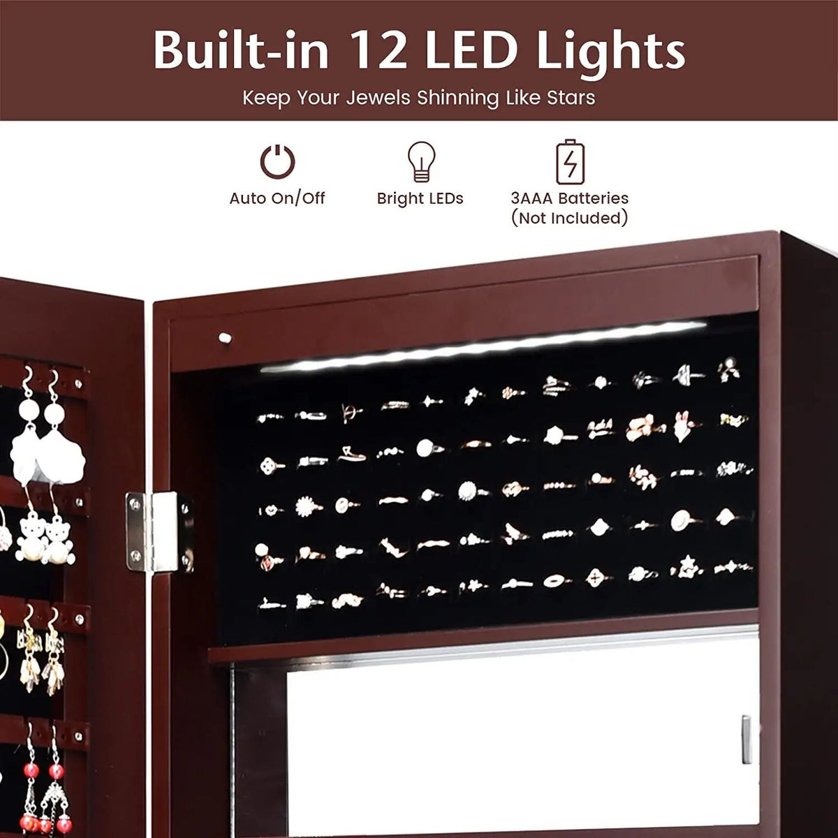 Lockable Wall Door Mounted Mirror Jewelry Cabinet w/LED Lights-Brown-Jewelry Armoires-DECOROLALA
