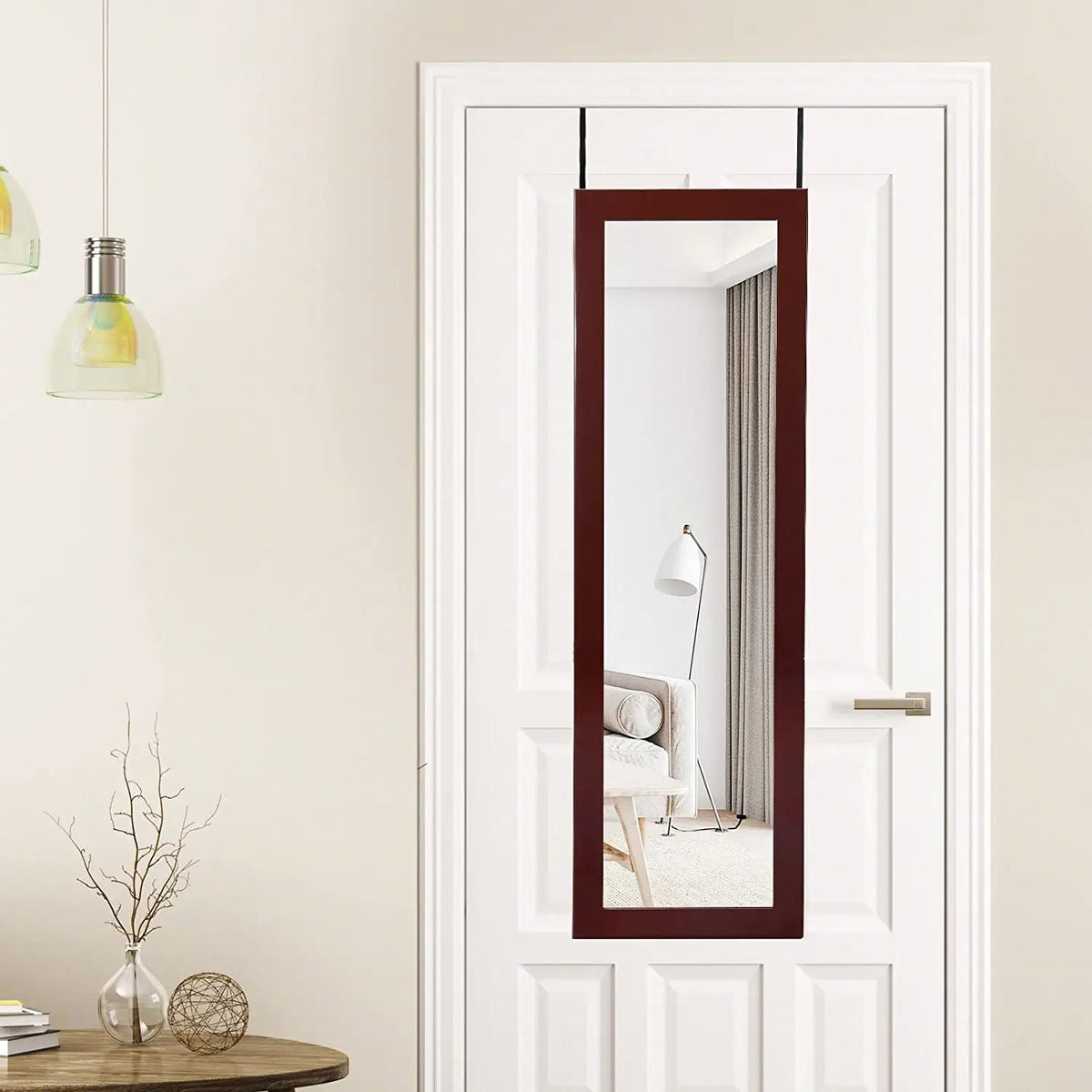 Lockable Wall Door Mounted Mirror Jewelry Cabinet w/LED Lights-Brown-Jewelry Armoires-DECOROLALA