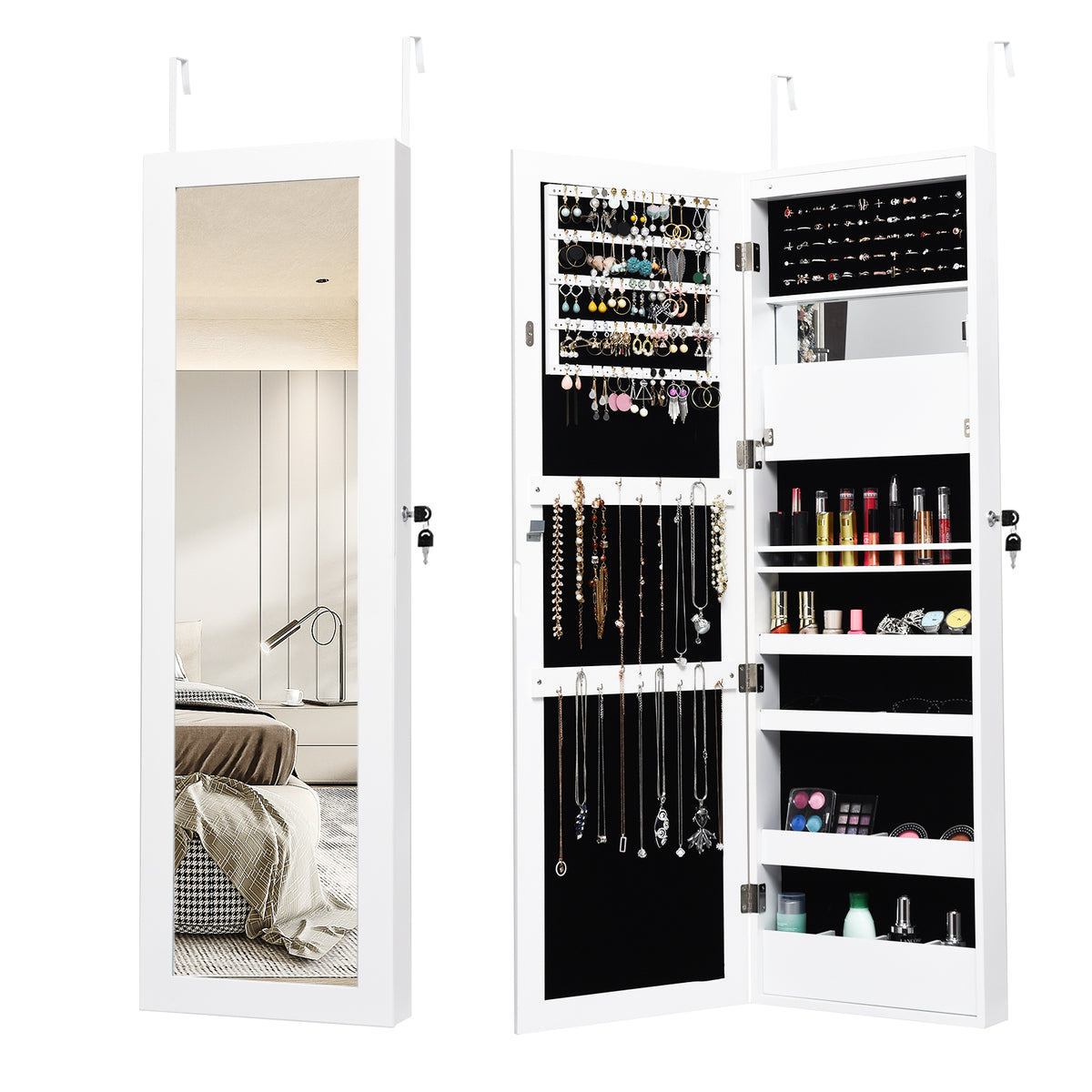 Lockable Wall Door Mounted Mirror Jewelry Cabinet w/LED Lights-White-Jewelry Armoires-DECOROLALA