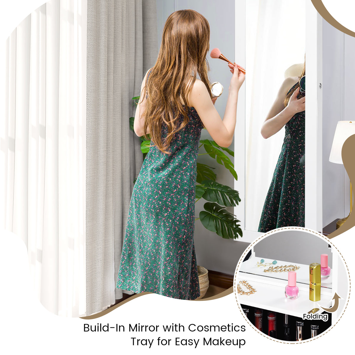 Lockable Wall Door Mounted Mirror Jewelry Cabinet w/LED Lights-White-Jewelry Armoires-DECOROLALA