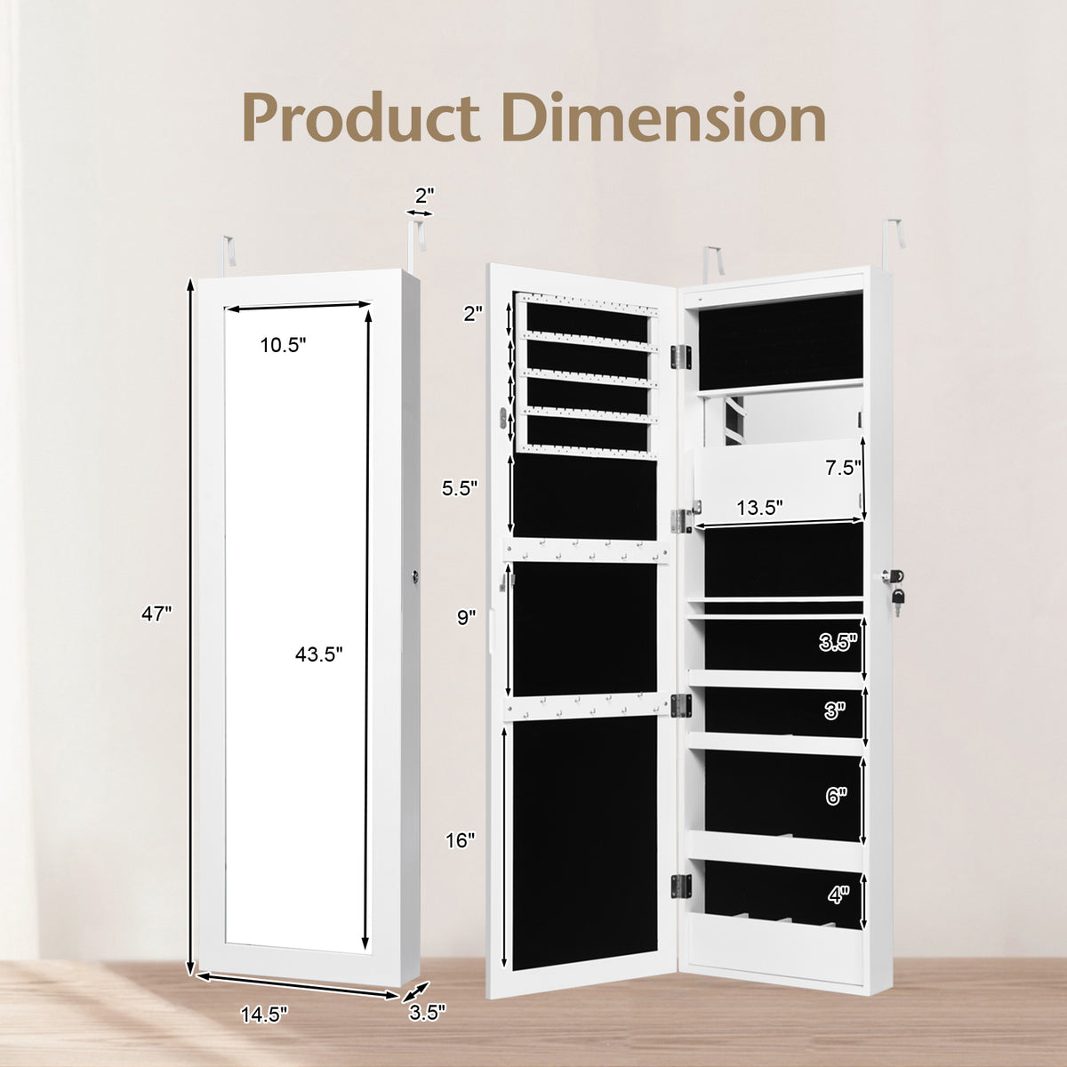 Lockable Wall Door Mounted Mirror Jewelry Cabinet w/LED Lights-White-Jewelry Armoires-DECOROLALA