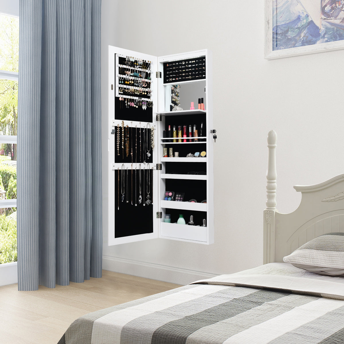 Lockable Wall Door Mounted Mirror Jewelry Cabinet w/LED Lights-White-Jewelry Armoires-DECOROLALA