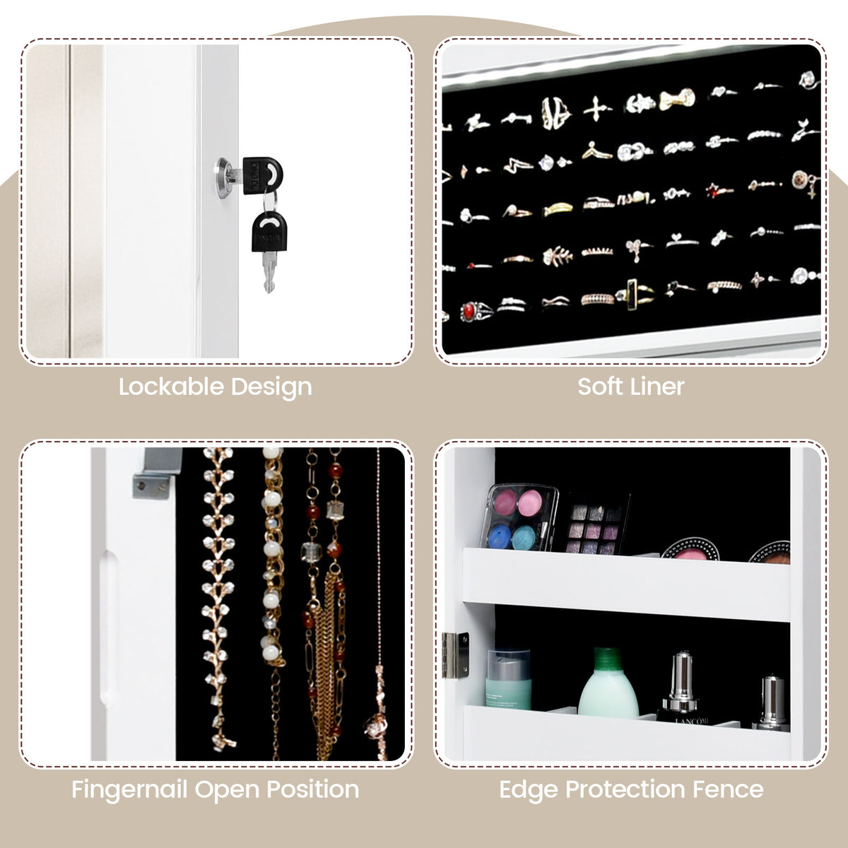 Lockable Wall Door Mounted Mirror Jewelry Cabinet w/LED Lights-White-Jewelry Armoires-DECOROLALA