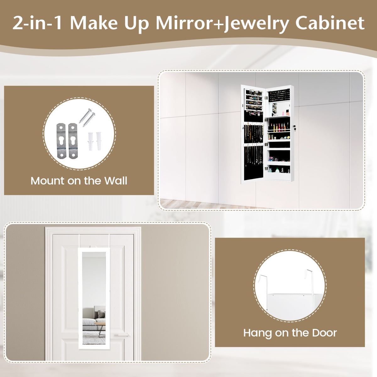 Lockable Wall Door Mounted Mirror Jewelry Cabinet w/LED Lights-White-Jewelry Armoires-DECOROLALA