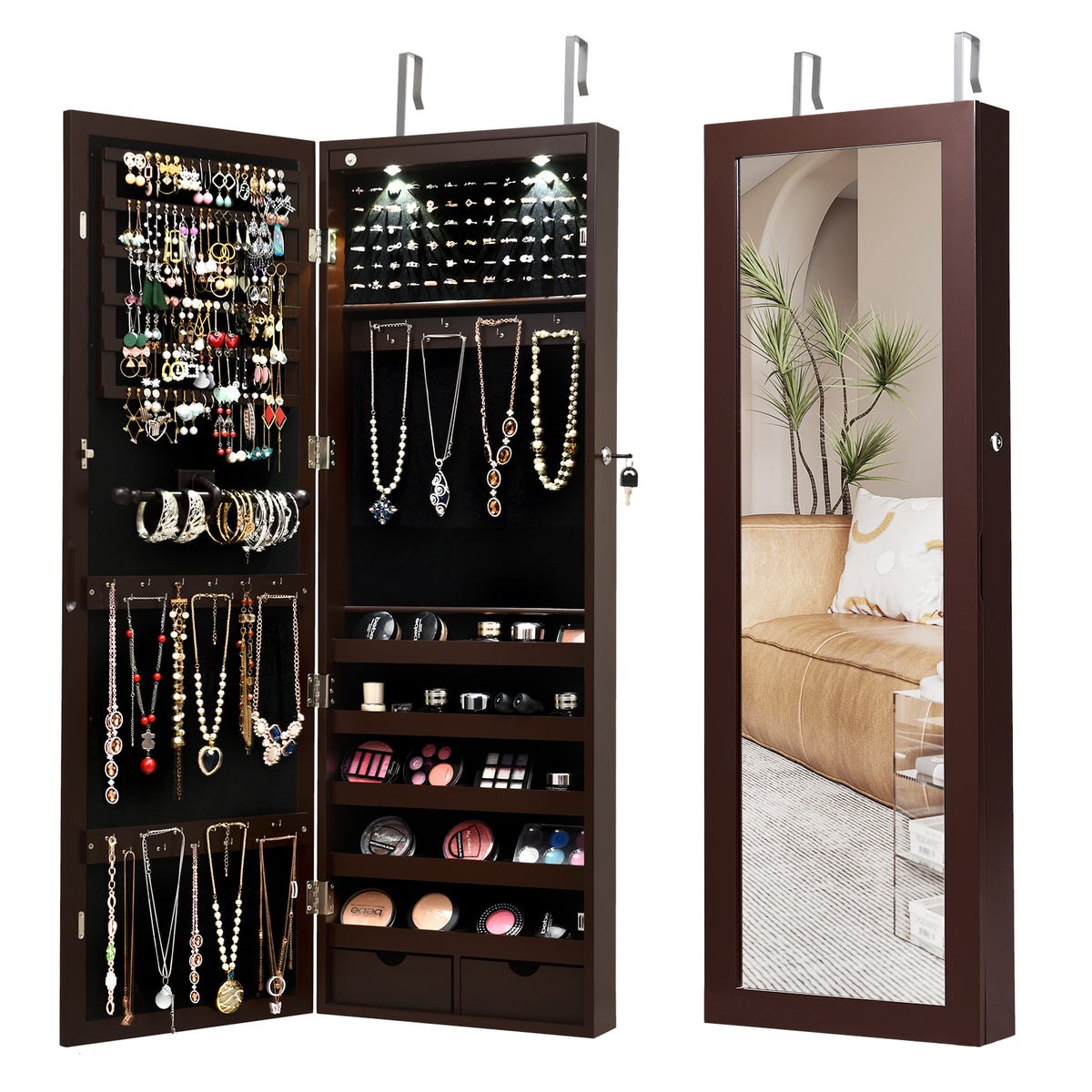 Lockable Wall Mount Mirrored Jewelry Cabinet with LED Lights-Brown-Jewelry Armoires-DECOROLALA