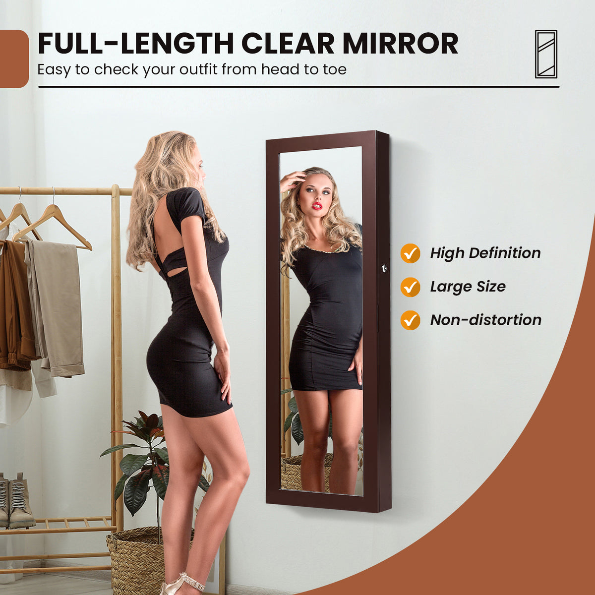 Lockable Wall Mount Mirrored Jewelry Cabinet with LED Lights-Brown-Jewelry Armoires-DECOROLALA