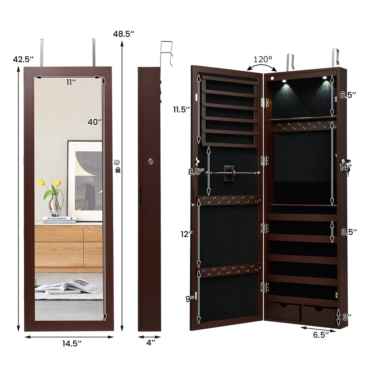 Lockable Wall Mount Mirrored Jewelry Cabinet with LED Lights-Brown-Jewelry Armoires-DECOROLALA