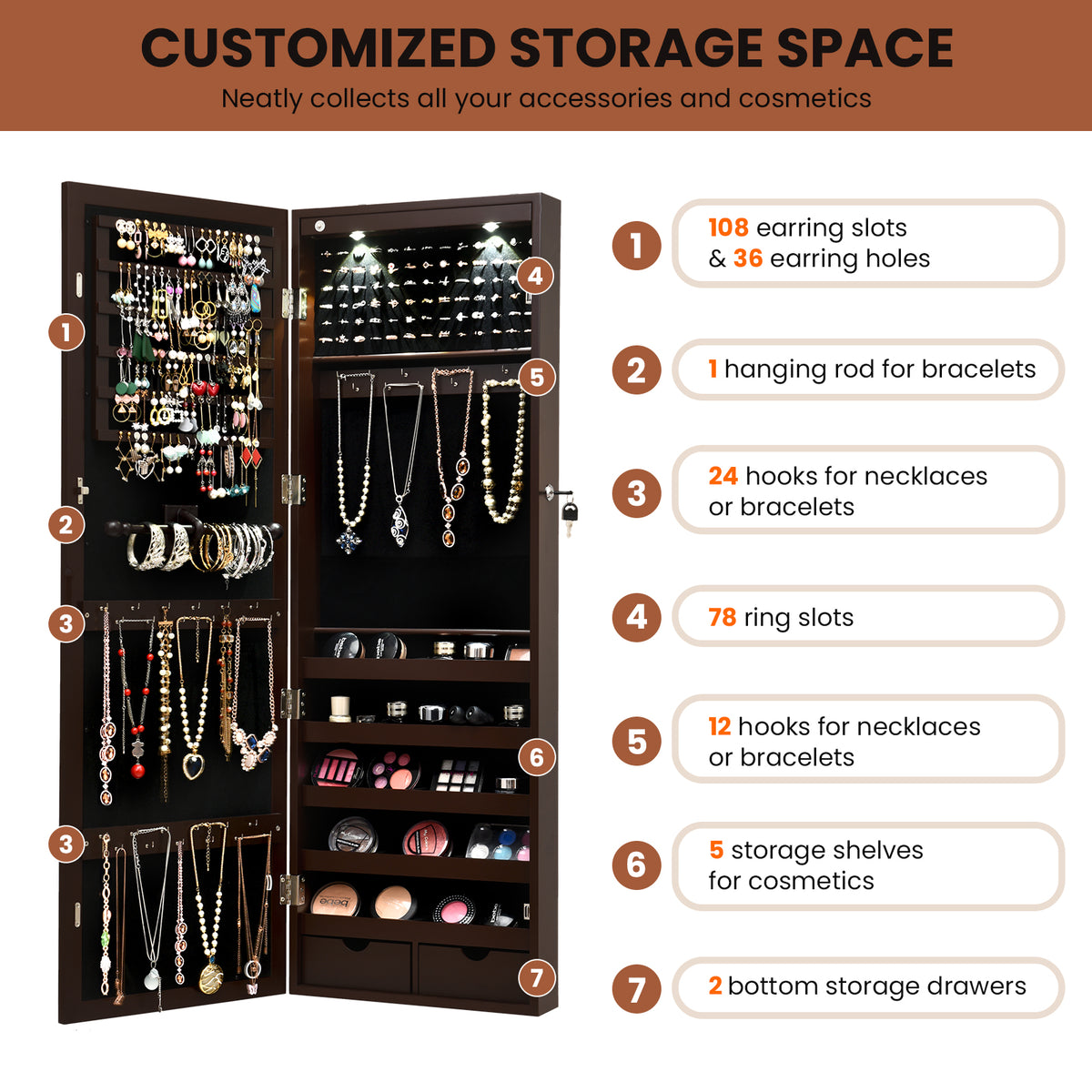 Lockable Wall Mount Mirrored Jewelry Cabinet with LED Lights-Brown-Jewelry Armoires-DECOROLALA