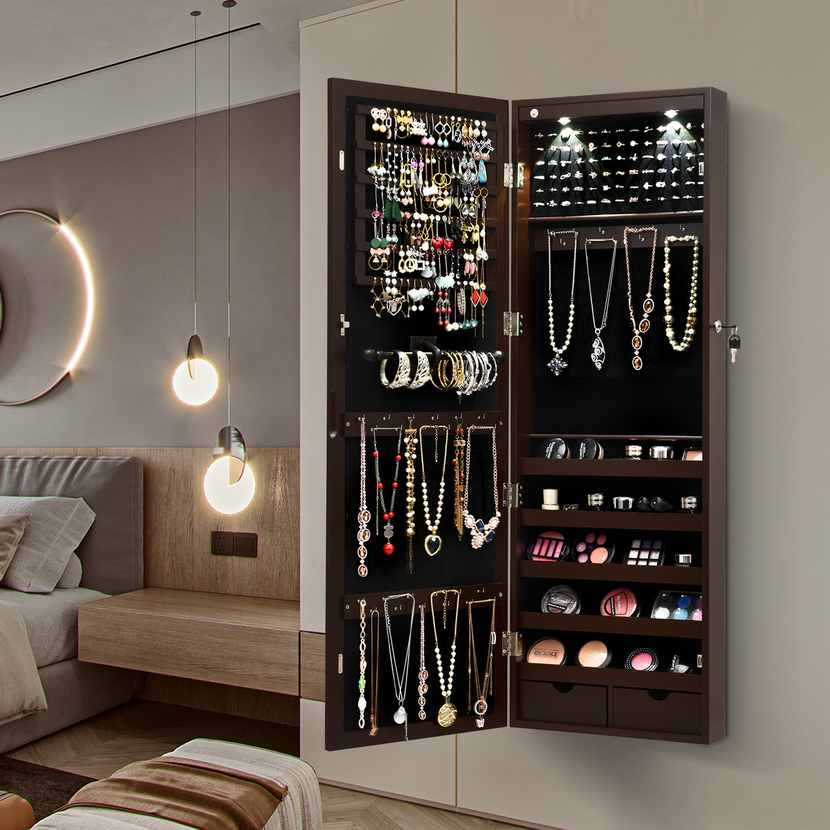 Lockable Wall Mount Mirrored Jewelry Cabinet with LED Lights-Brown-Jewelry Armoires-DECOROLALA
