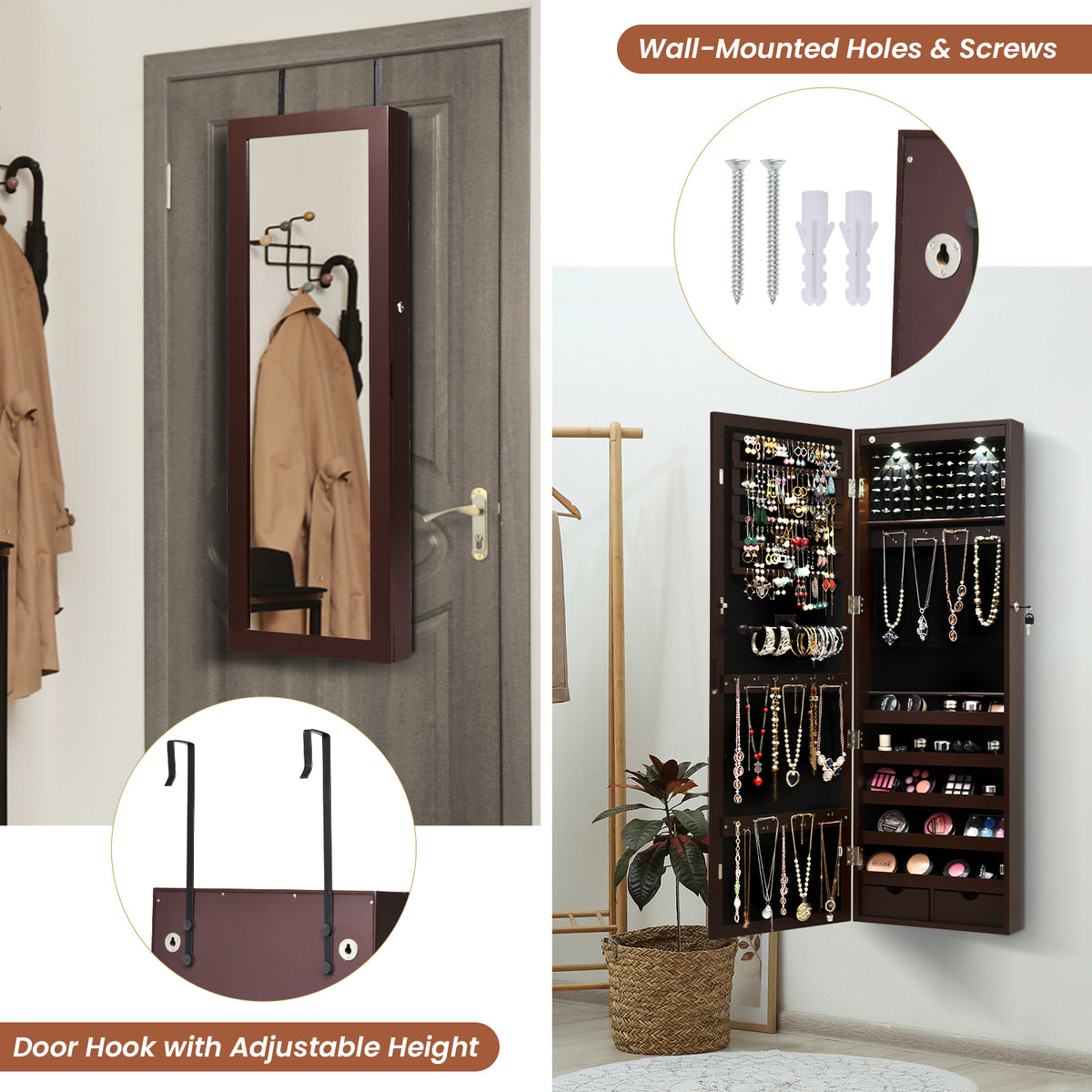 Lockable Wall Mount Mirrored Jewelry Cabinet with LED Lights-Brown-Jewelry Armoires-DECOROLALA