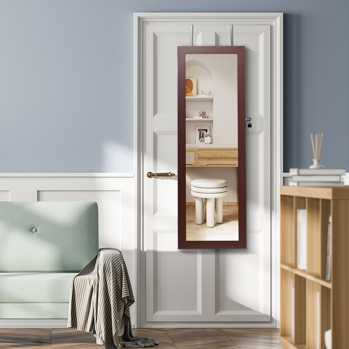Lockable Wall Mount Mirrored Jewelry Cabinet with LED Lights-Brown-Jewelry Armoires-DECOROLALA