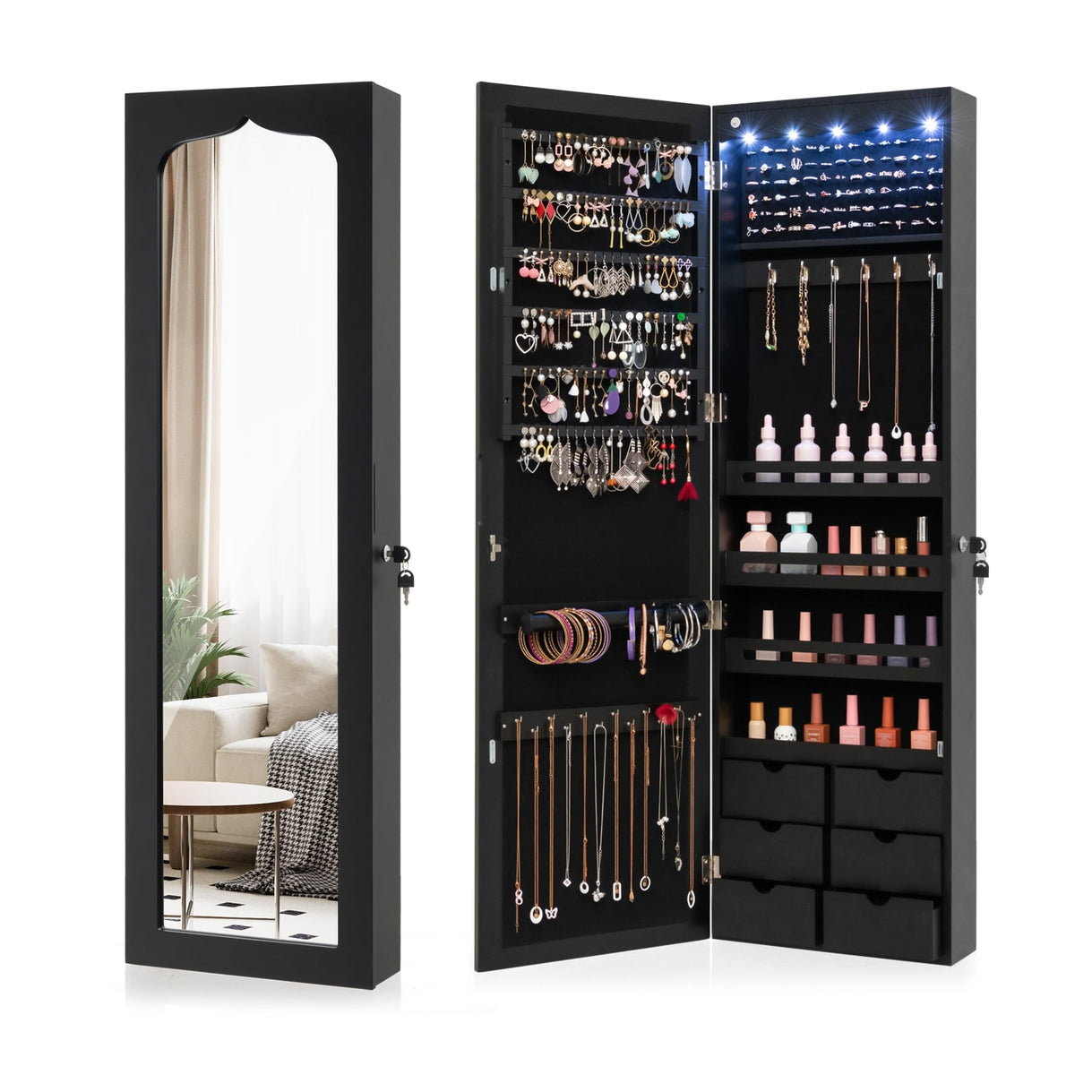 Lockable Wall Mounted Mirror Jewelry Armoire with 5 LEDs and 6 Drawers-Black-Jewelry Armoires-DECOROLALA
