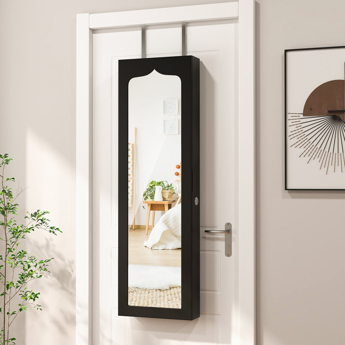 Lockable Wall Mounted Mirror Jewelry Armoire with 5 LEDs and 6 Drawers-Black-Jewelry Armoires-DECOROLALA