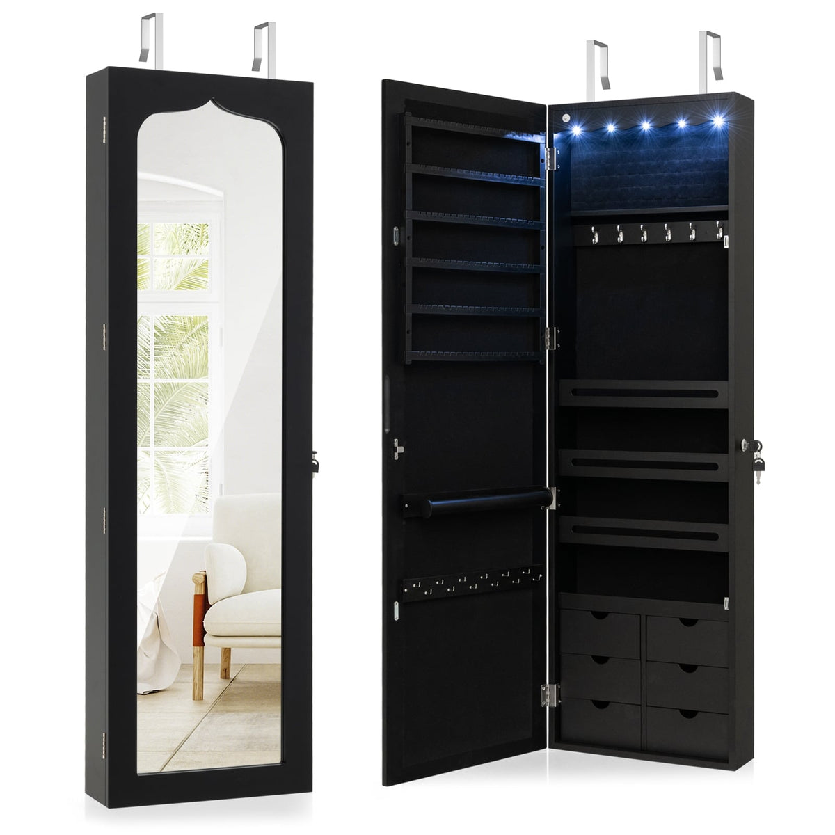Lockable Wall Mounted Mirror Jewelry Armoire with 5 LEDs and 6 Drawers-Black-Jewelry Armoires-DECOROLALA