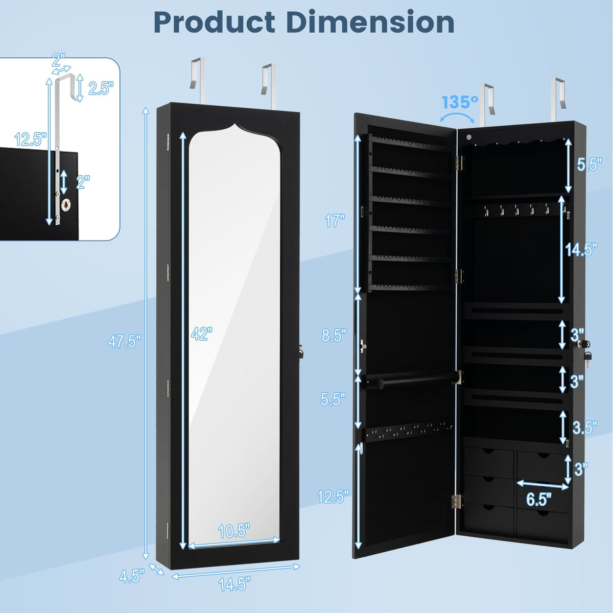 Lockable Wall Mounted Mirror Jewelry Armoire with 5 LEDs and 6 Drawers-Black-Jewelry Armoires-DECOROLALA