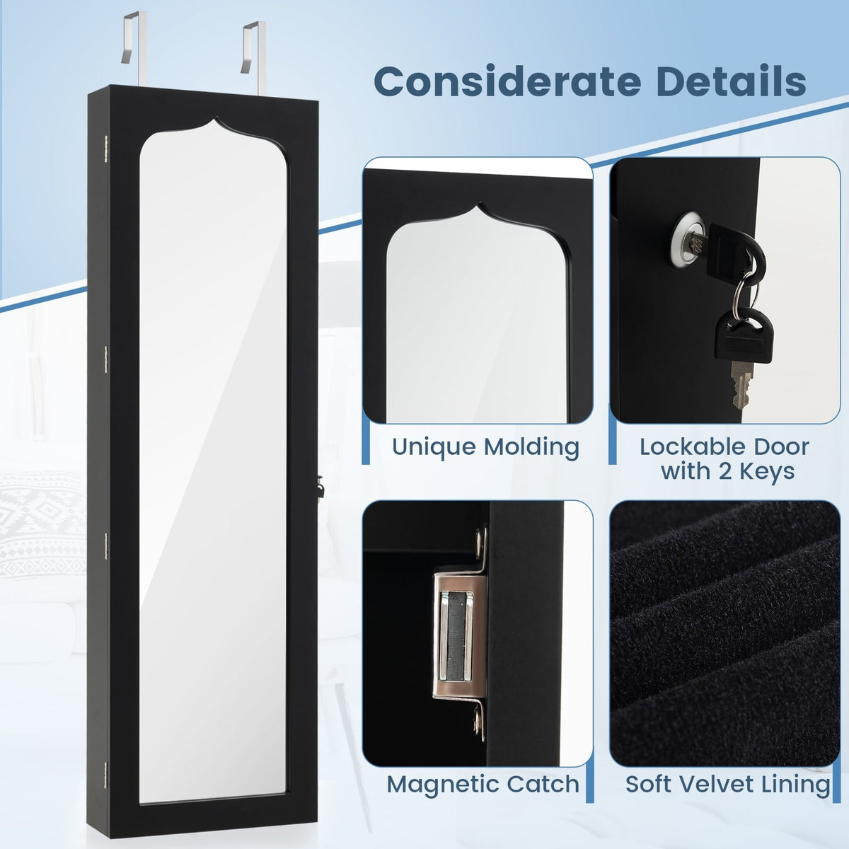 Lockable Wall Mounted Mirror Jewelry Armoire with 5 LEDs and 6 Drawers-Black-Jewelry Armoires-DECOROLALA