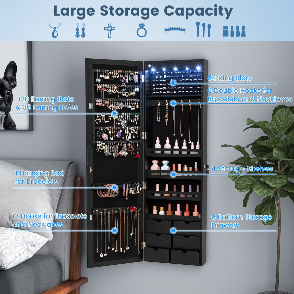 Lockable Wall Mounted Mirror Jewelry Armoire with 5 LEDs and 6 Drawers-Black-Jewelry Armoires-DECOROLALA