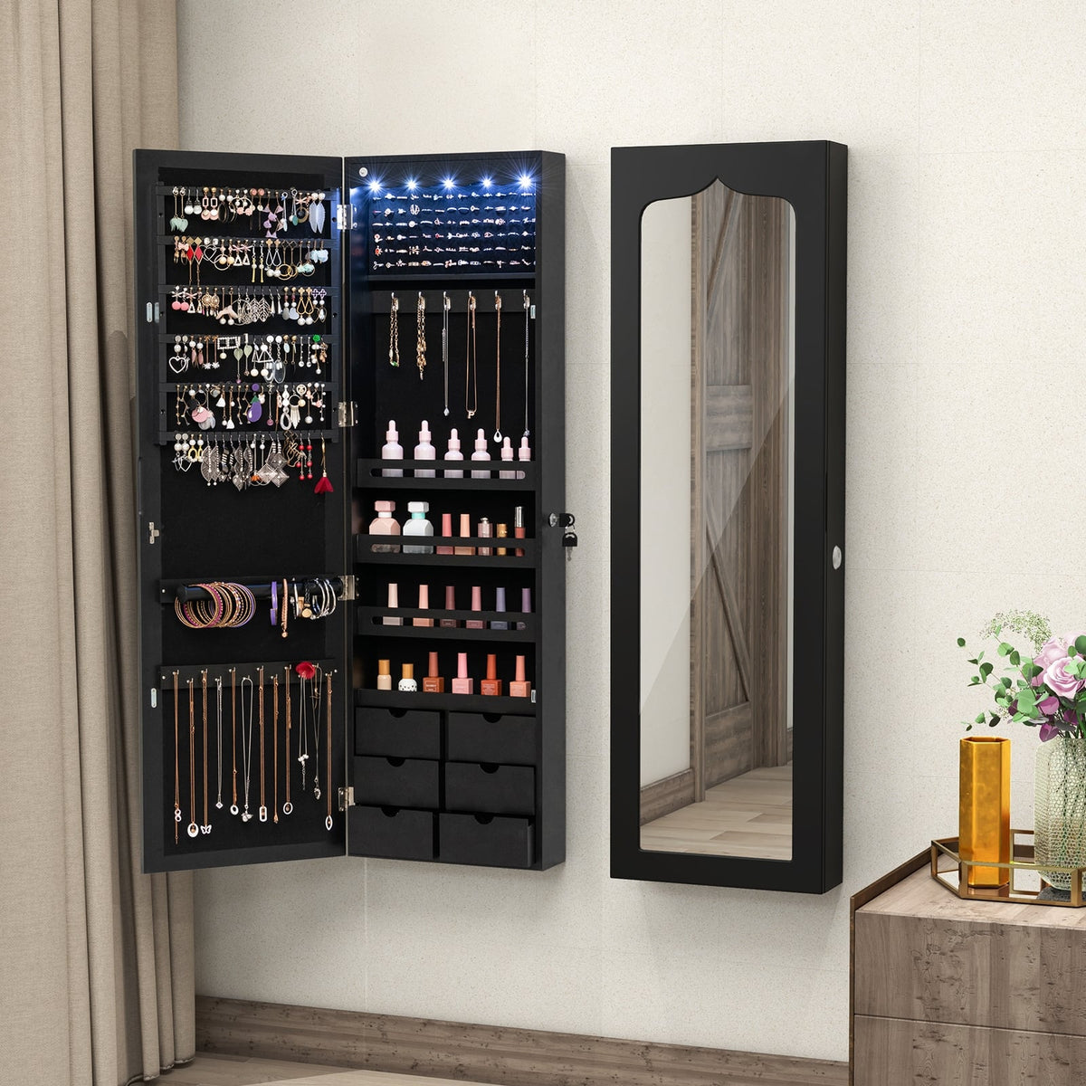 Lockable Wall Mounted Mirror Jewelry Armoire with 5 LEDs and 6 Drawers-Black-Jewelry Armoires-DECOROLALA