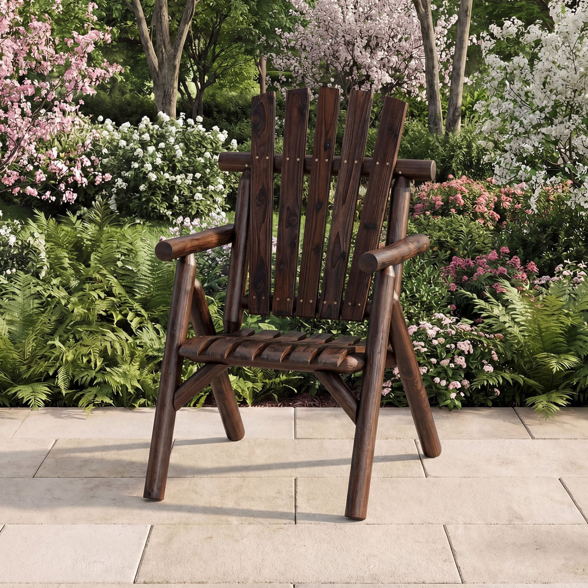 Log Wood Patio Chair with Slatted Backrest for Deck Backyard-Brown-Outdoor Benches-DECOROLALA