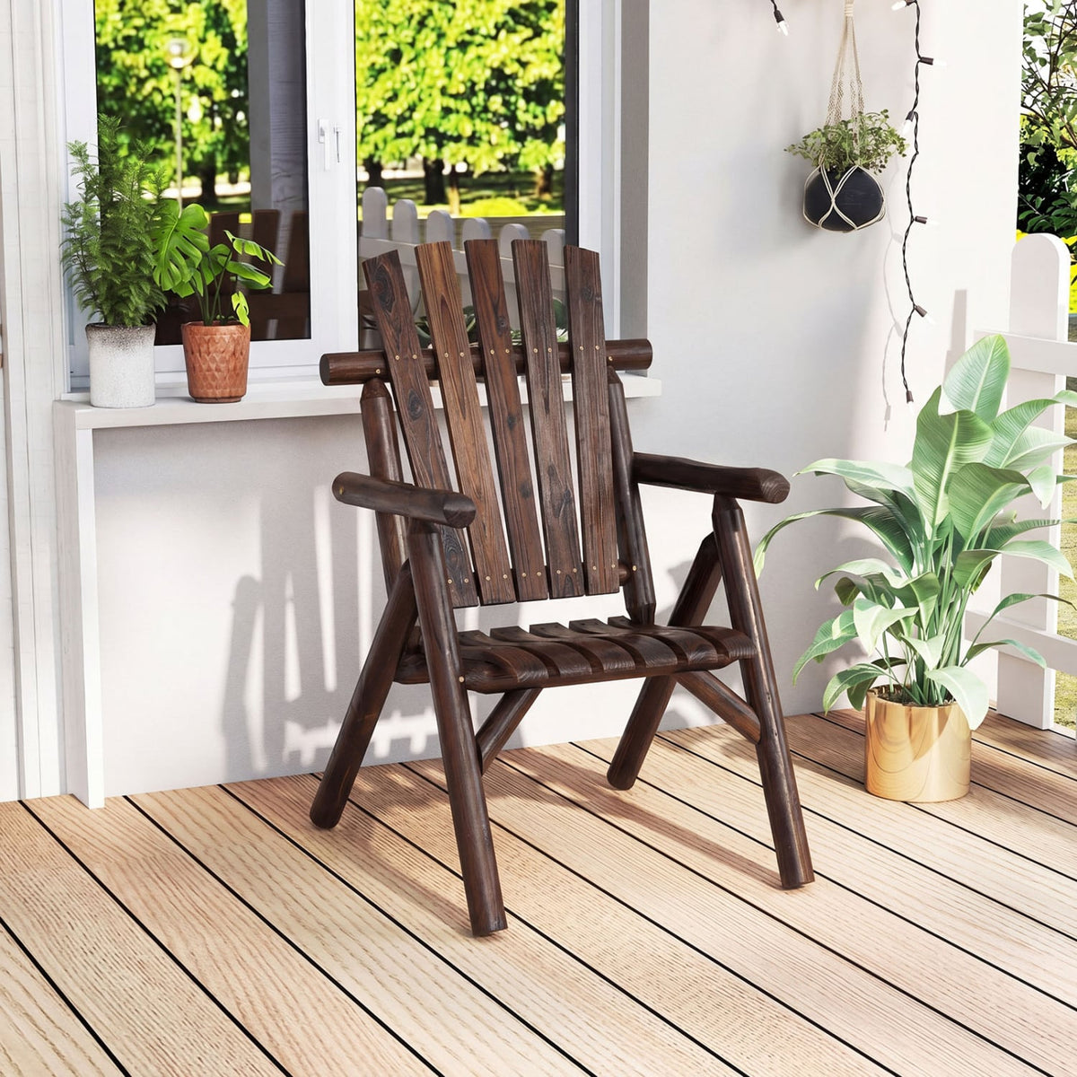Log Wood Patio Chair with Slatted Backrest for Deck Backyard-Brown-Outdoor Benches-DECOROLALA