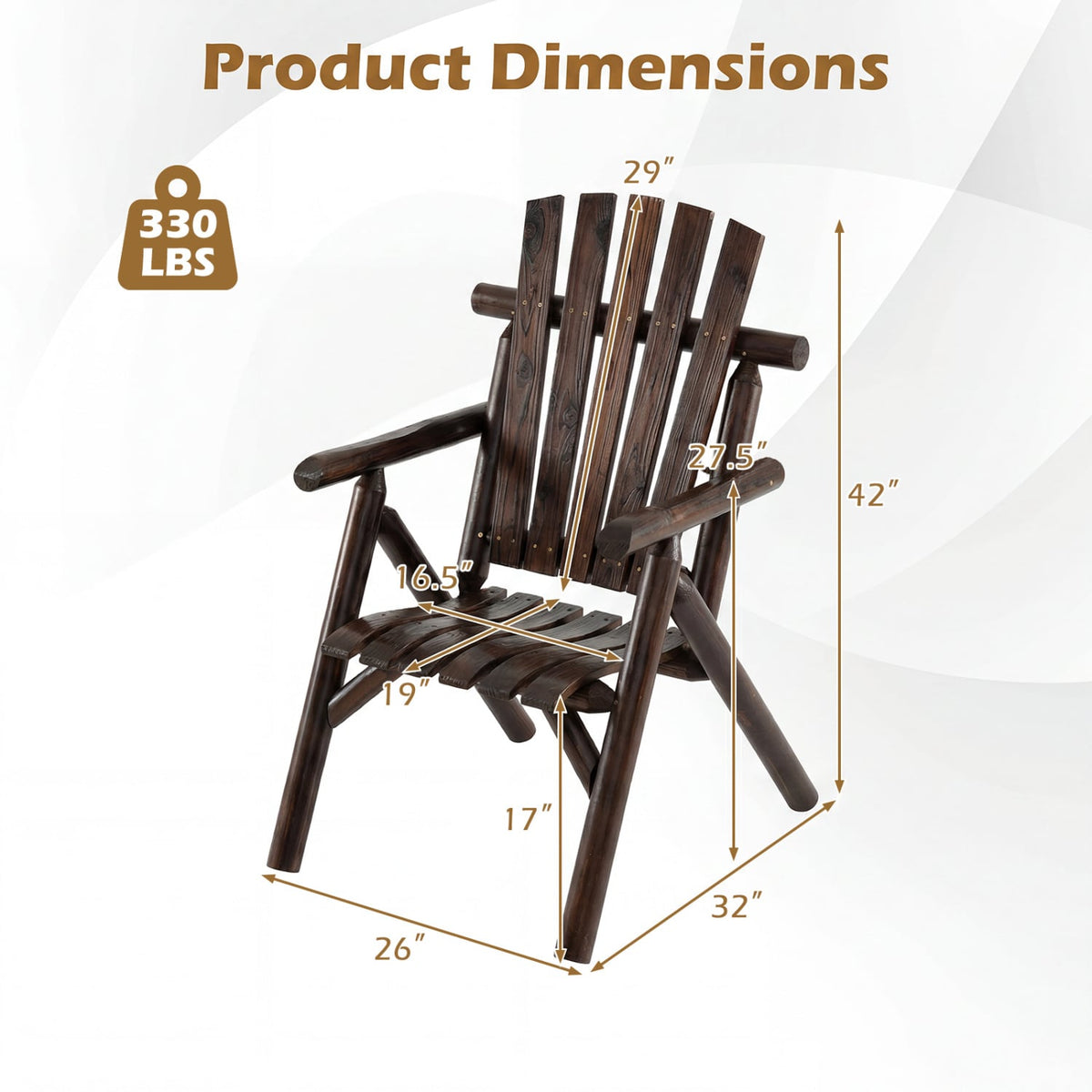 Log Wood Patio Chair with Slatted Backrest for Deck Backyard-Brown-Outdoor Benches-DECOROLALA