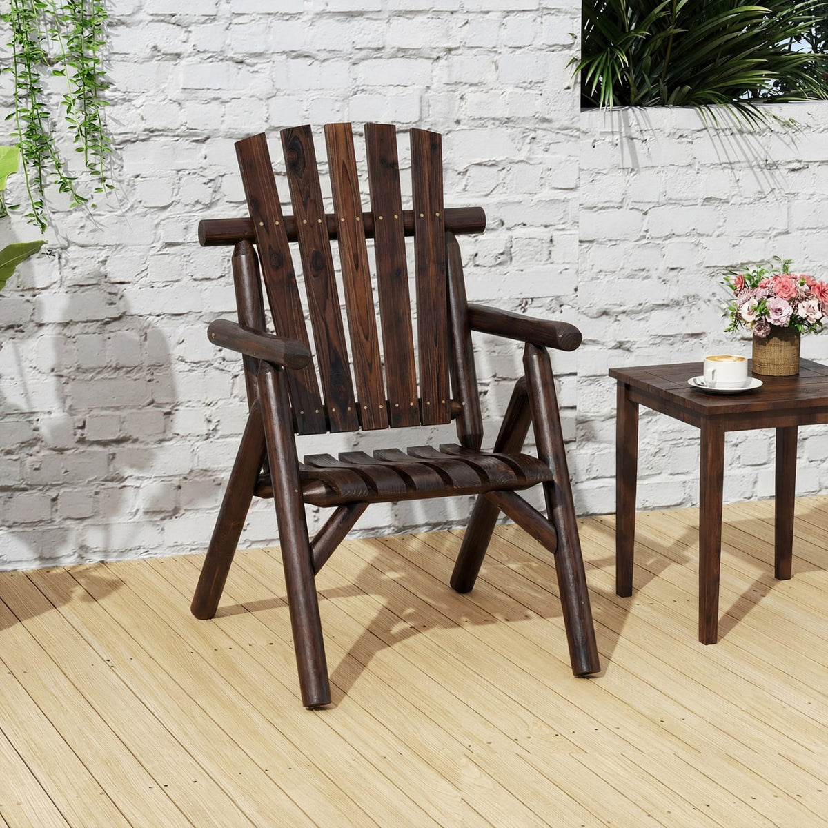 Log Wood Patio Chair with Slatted Backrest for Deck Backyard-Brown-Outdoor Benches-DECOROLALA