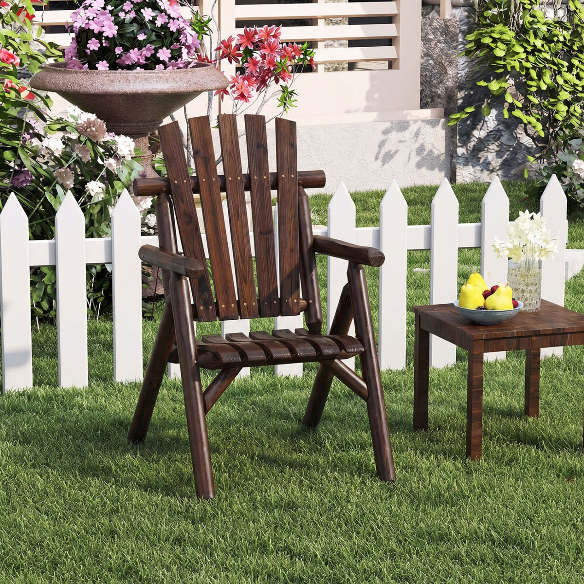 Log Wood Patio Chair with Slatted Backrest for Deck Backyard-Brown-Outdoor Benches-DECOROLALA