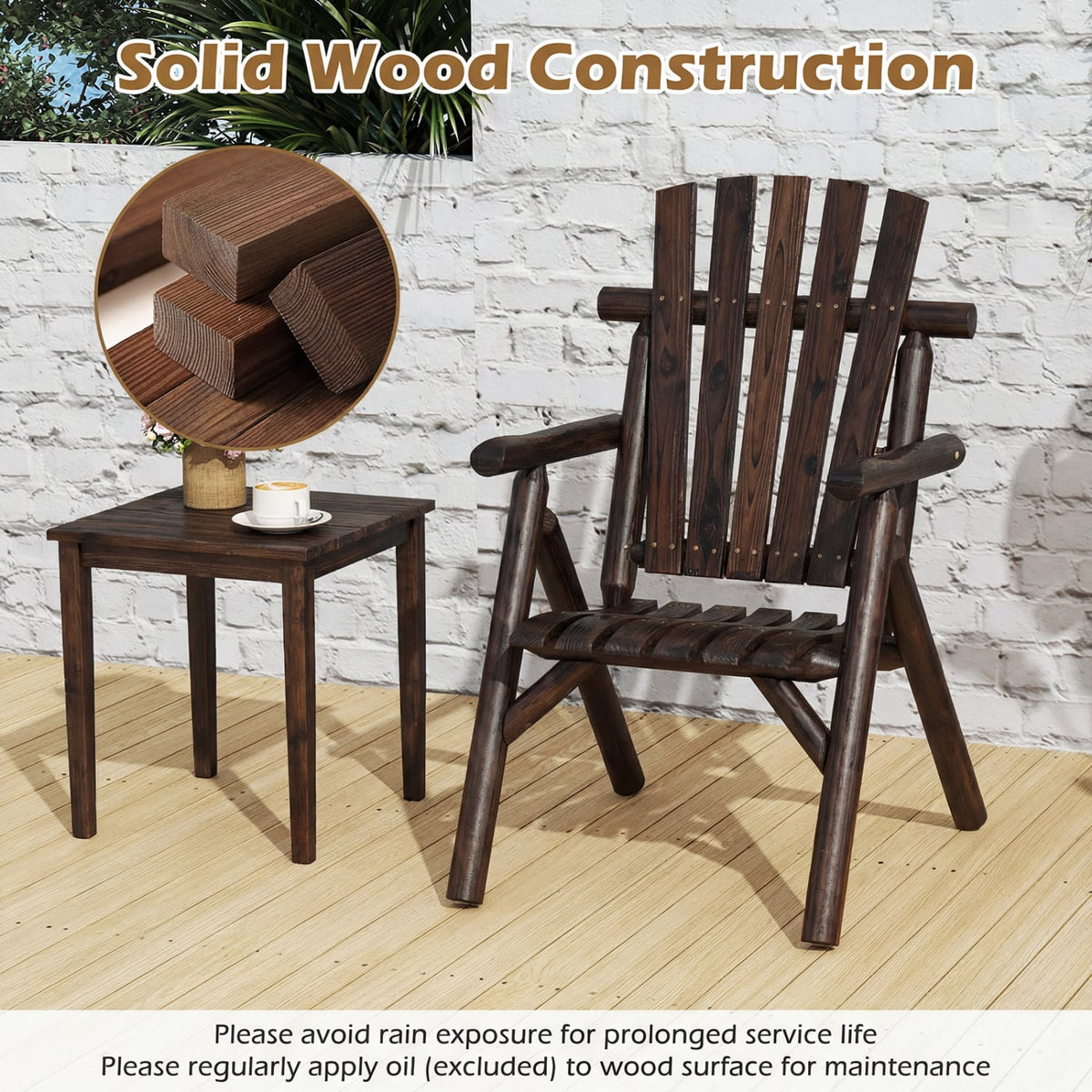 Log Wood Patio Chair with Slatted Backrest for Deck Backyard-Brown-Outdoor Benches-DECOROLALA