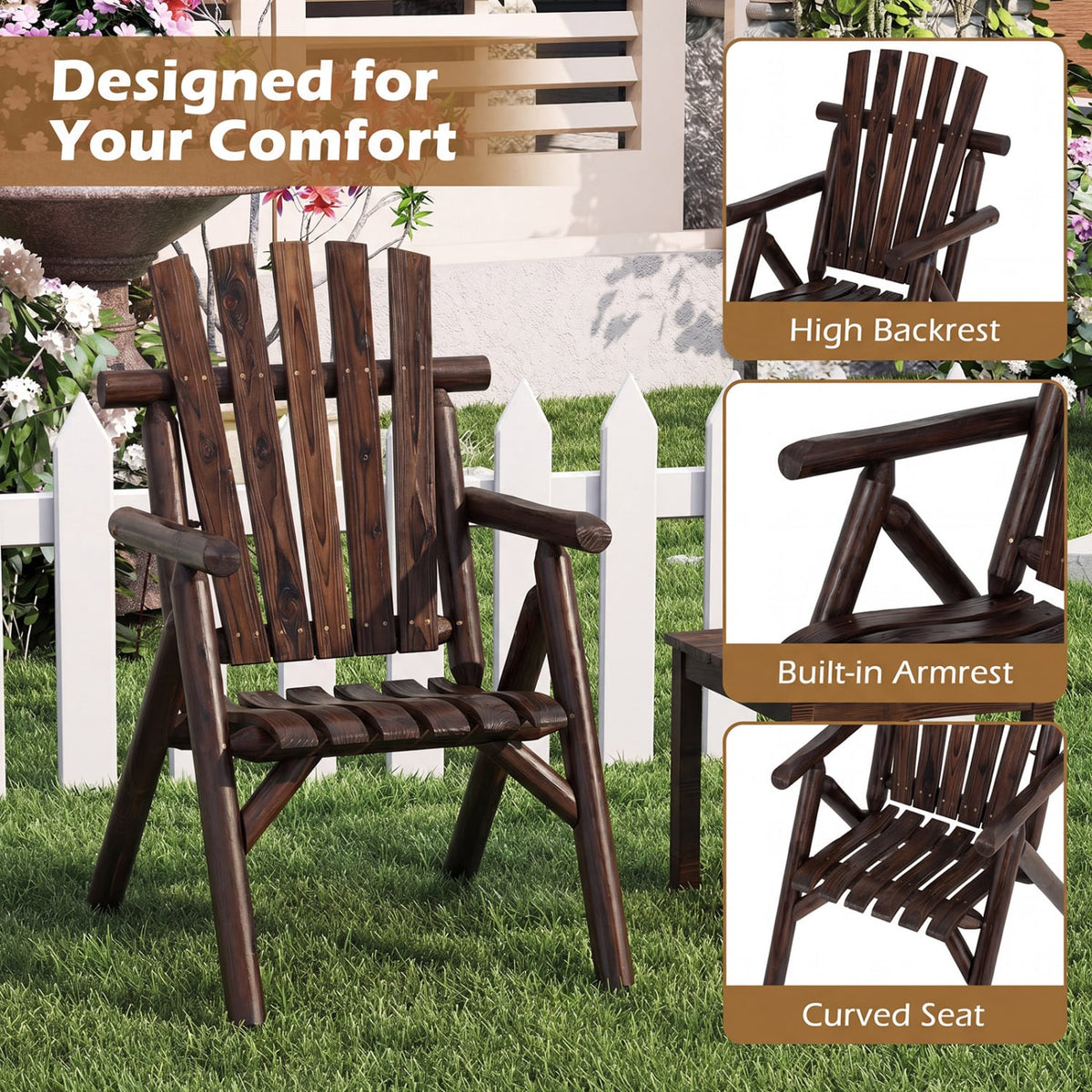 Log Wood Patio Chair with Slatted Backrest for Deck Backyard-Brown-Outdoor Benches-DECOROLALA