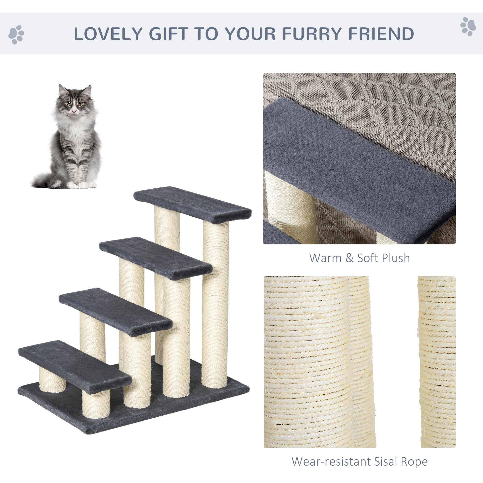 Arbre à chat à 4 niveaux, escalier pour animaux, 4 marches pour chiens et chats, poteau à griffer pour chatons, meuble à griffer pour chats, gris foncé