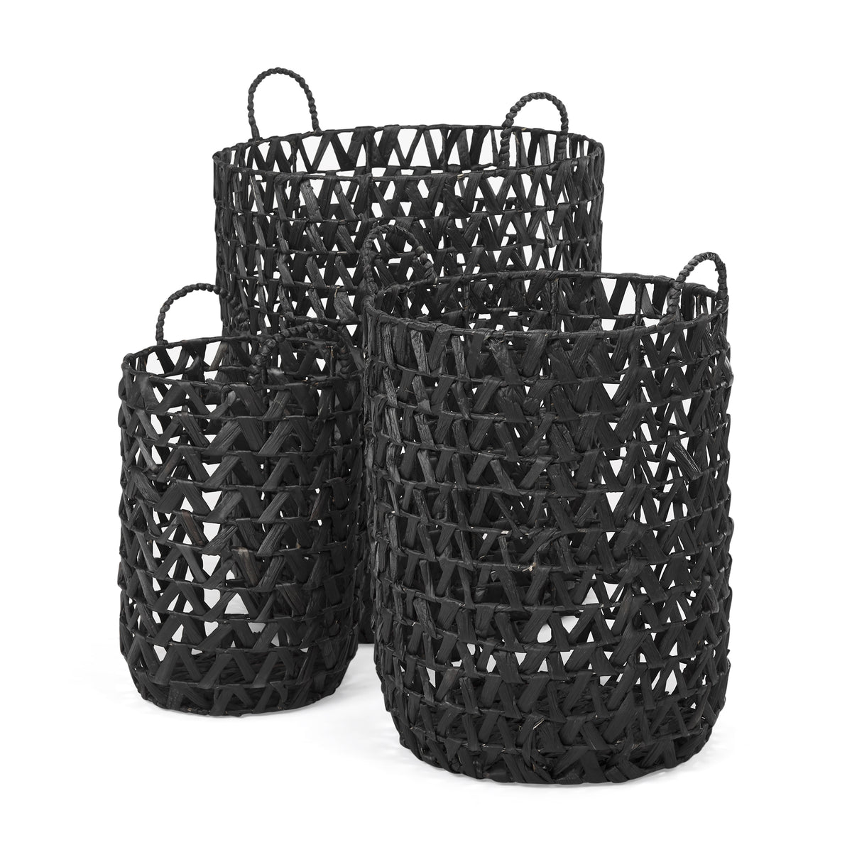 Lola (Set of 3) Black Water Hyacinth Zig Zag Weave Round Basket W/ Handles-Decorative Baskets-DECOROLALA
